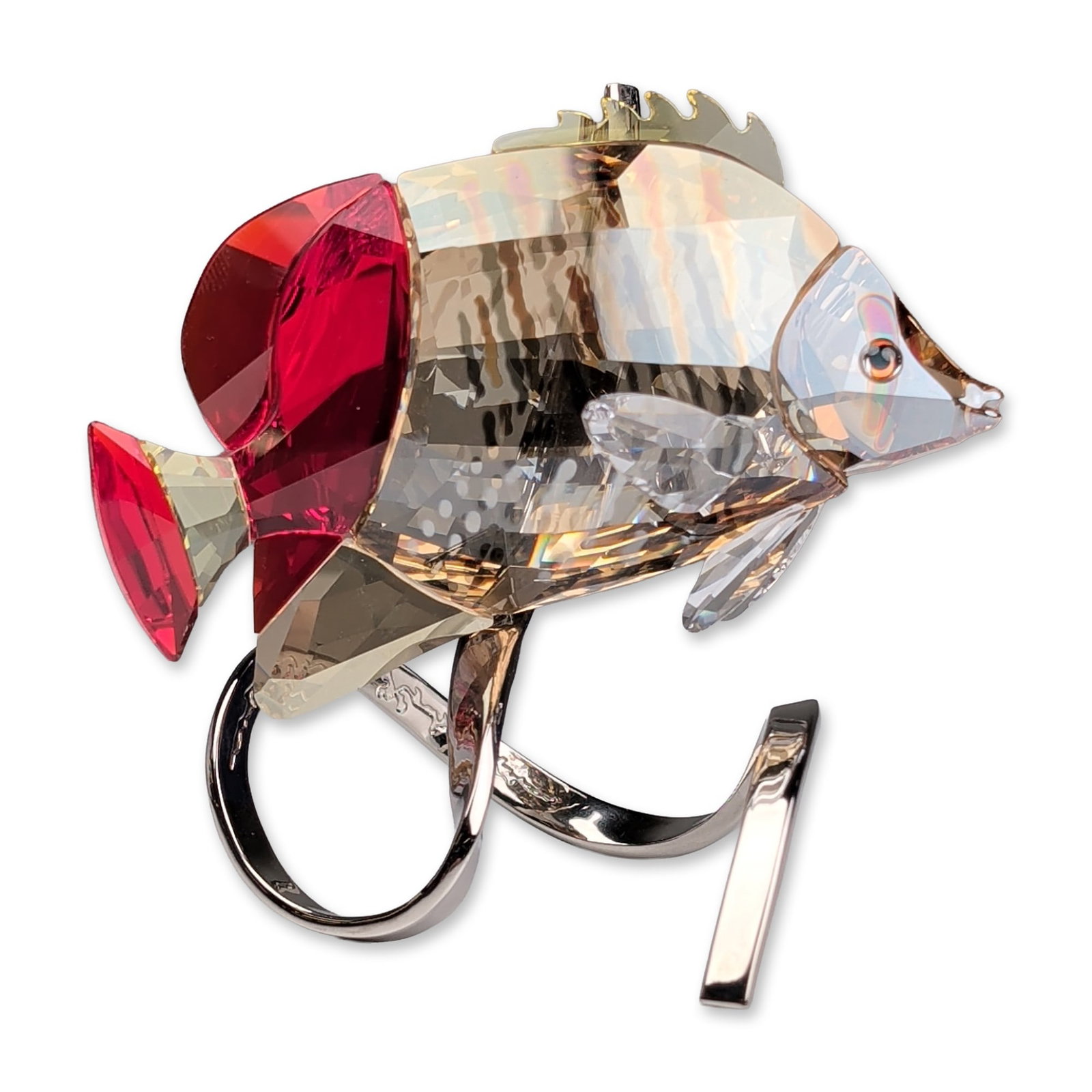 Swarovski Paradise Light Siam Butterfly Fish Crystal Figurine: Swarovski faceted crystal figurine from the Paradise collection titled Butterfly Fish. The piece features a smoky topaz faceted crystal body with flowing fins in Light Siam red and clear crystal. It i