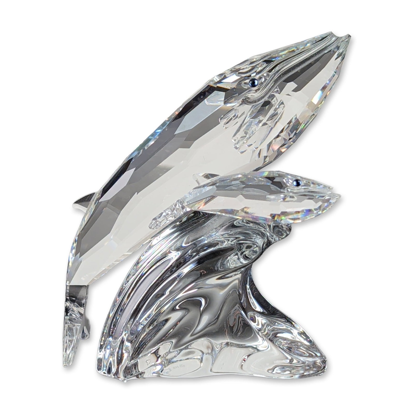 Swarovski 1992 SCS The Whales Crystal Figurine: Swarovski Crystal Society 1992 annual membership edition. Figurine in faceted and molded clear lead crystal, titled Care for Me - The Whales, featuring a mother humpback whale and her calf swimming th