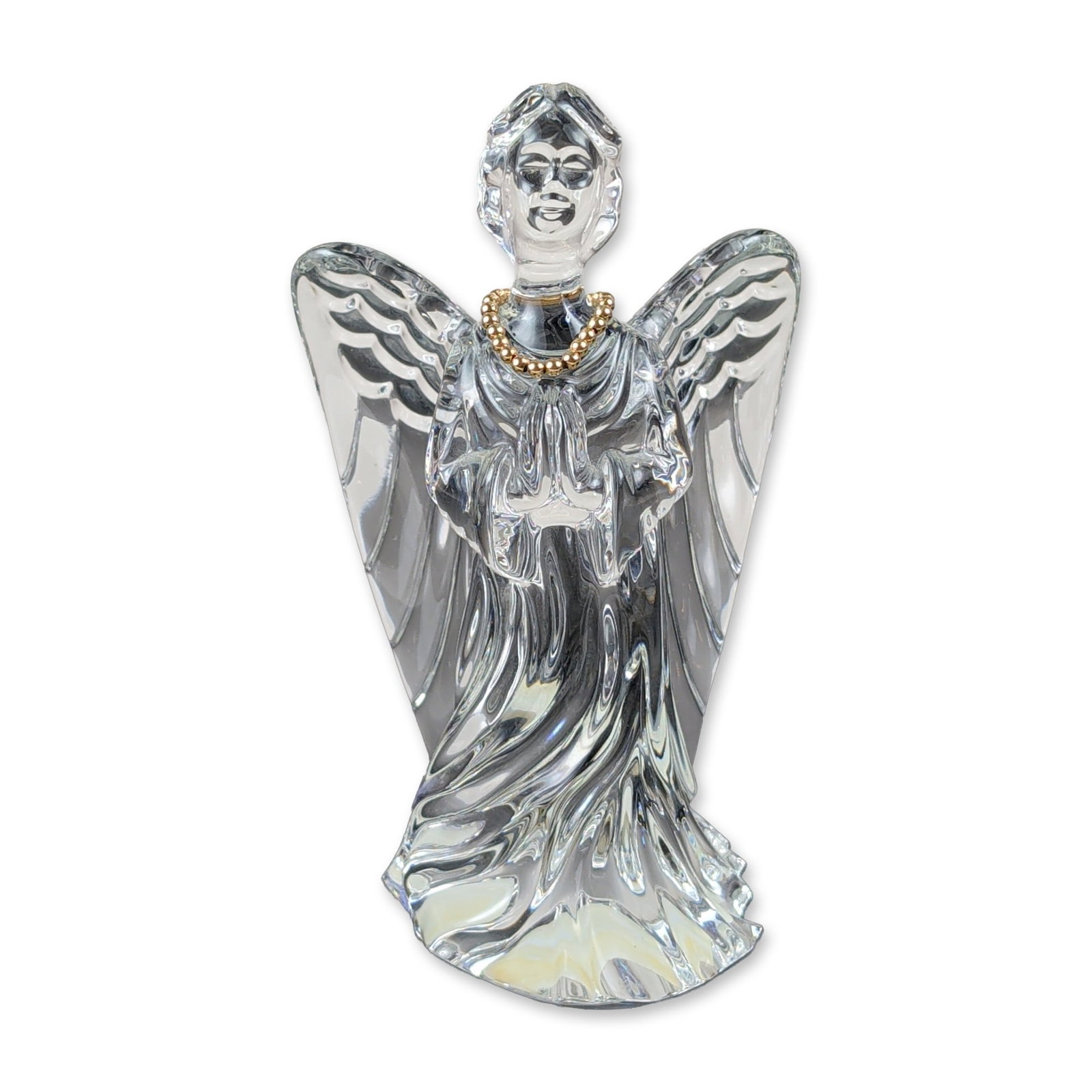 Waterford Crystal Guardian Angel Sculpture: Waterford Guardian Angel sculpture in lead crystal, depicting a figure with hands clasped in prayer. The piece features flowing robes with deep molded folds and textured upswept wings. The underside b