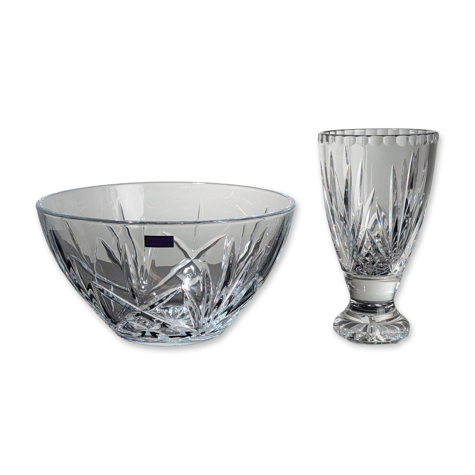 2pc Marquis by Waterford Crystal Brookside Glass Bowl and Unmarked Vase: Waterford crystal crafted in crystalline glass with deep wedge and diamond cuts. The bowl features intersecting diamonds with vertical rays extending toward the rim and a multi-point starburst-cut bas