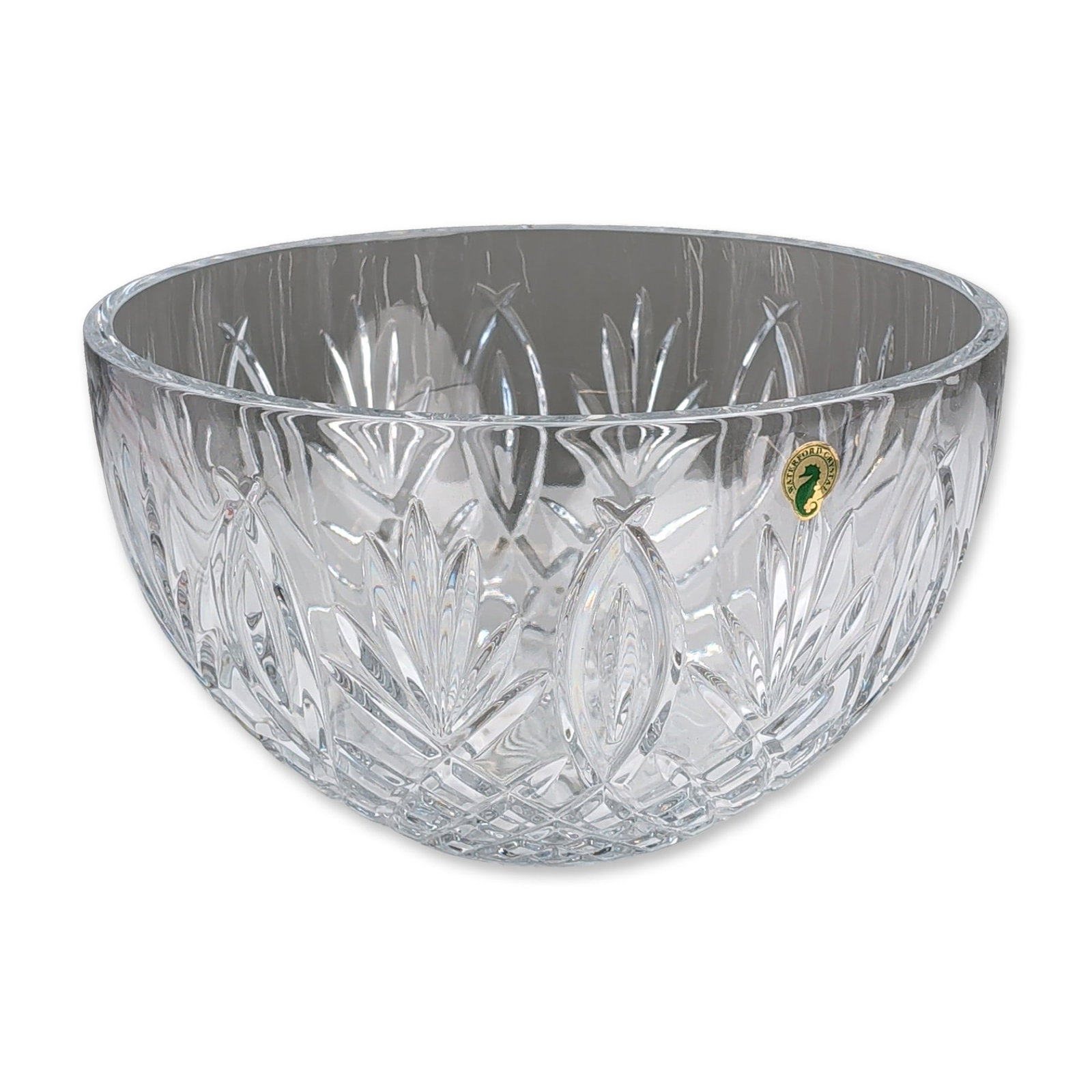 Waterford Granville Lead Crystal 10" Round Bowl: Waterford Granville pattern bowl in lead crystal, featuring deep geometric cuts. The decorative scheme includes a lower register of diamond-point facets beneath alternating stylized palm fronds and el