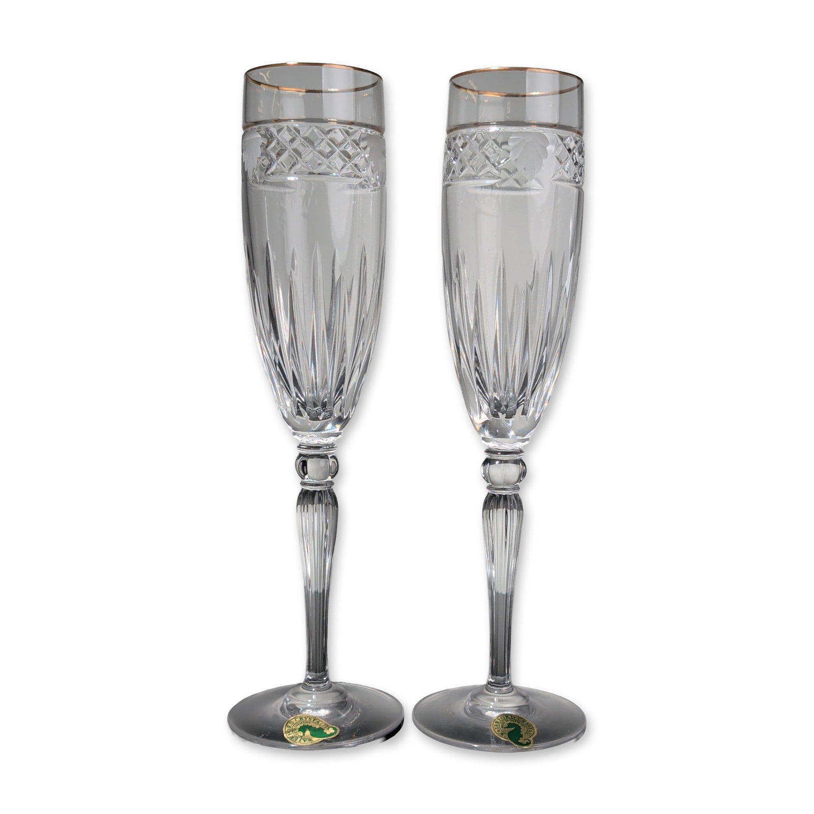 Pair of Waterford Crystal Champagne Flutes with Gilt Rim, Carleton Shell (1 of 3)