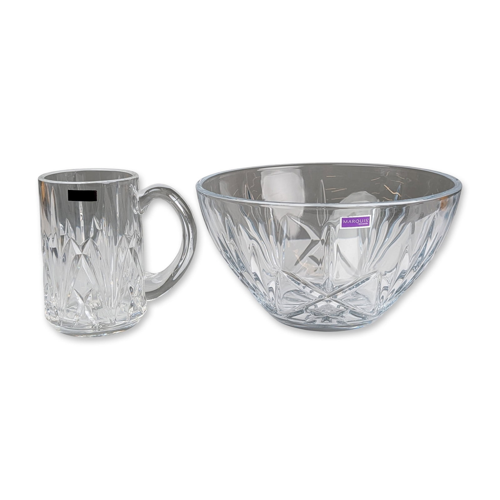 Two Marquis by Waterford Brookside Crystal Bowl and Stein: Marquis by Waterford crystal bowl and beer stein in the Brookside pattern, manufactured in the Czech Republic and Germany respectively, featuring deep wedge cuts and starburst motifs with original man