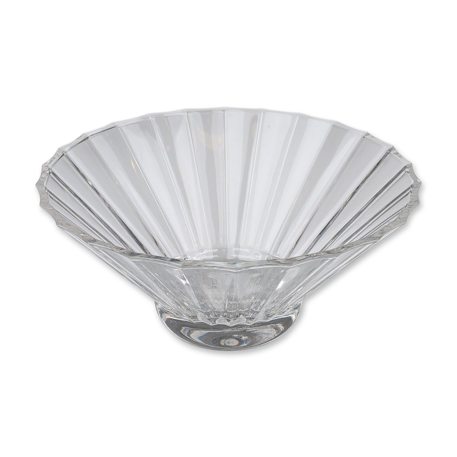 Villeroy & Boch Crystal Centerpiece Bowl, Paloma Picasso: The vessel features a flared conical form with deep vertical fluting terminating in a scalloped rim. It sits on a substantial thick circular base. The underside of the base bears an acid-etched mark w