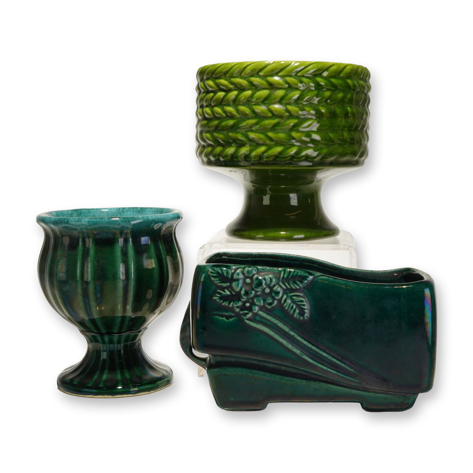 Three Hull and Haeger Green Glazed Planters in Various Sizes and Shapes (1 of 4)