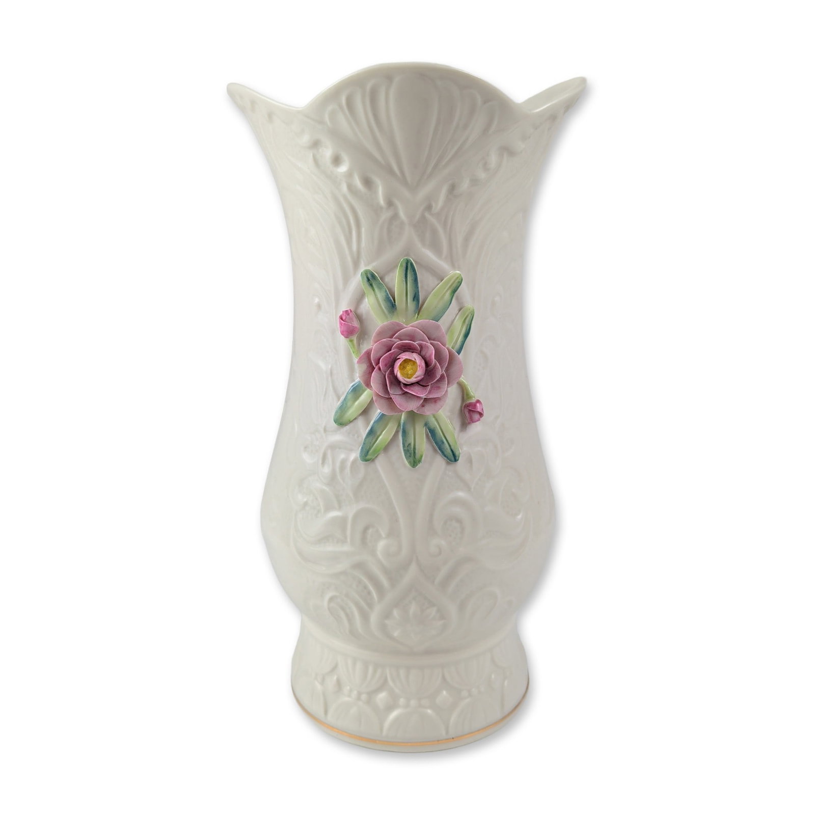 Belleek Anniversary Camellia Parian Vase: Belleek Pottery (Ireland) parian porcelain Camellia Vase, produced in 2007 as a limited edition annual piece celebrating the pottery's 150th anniversary. The flared vessel features relief-molded scrol