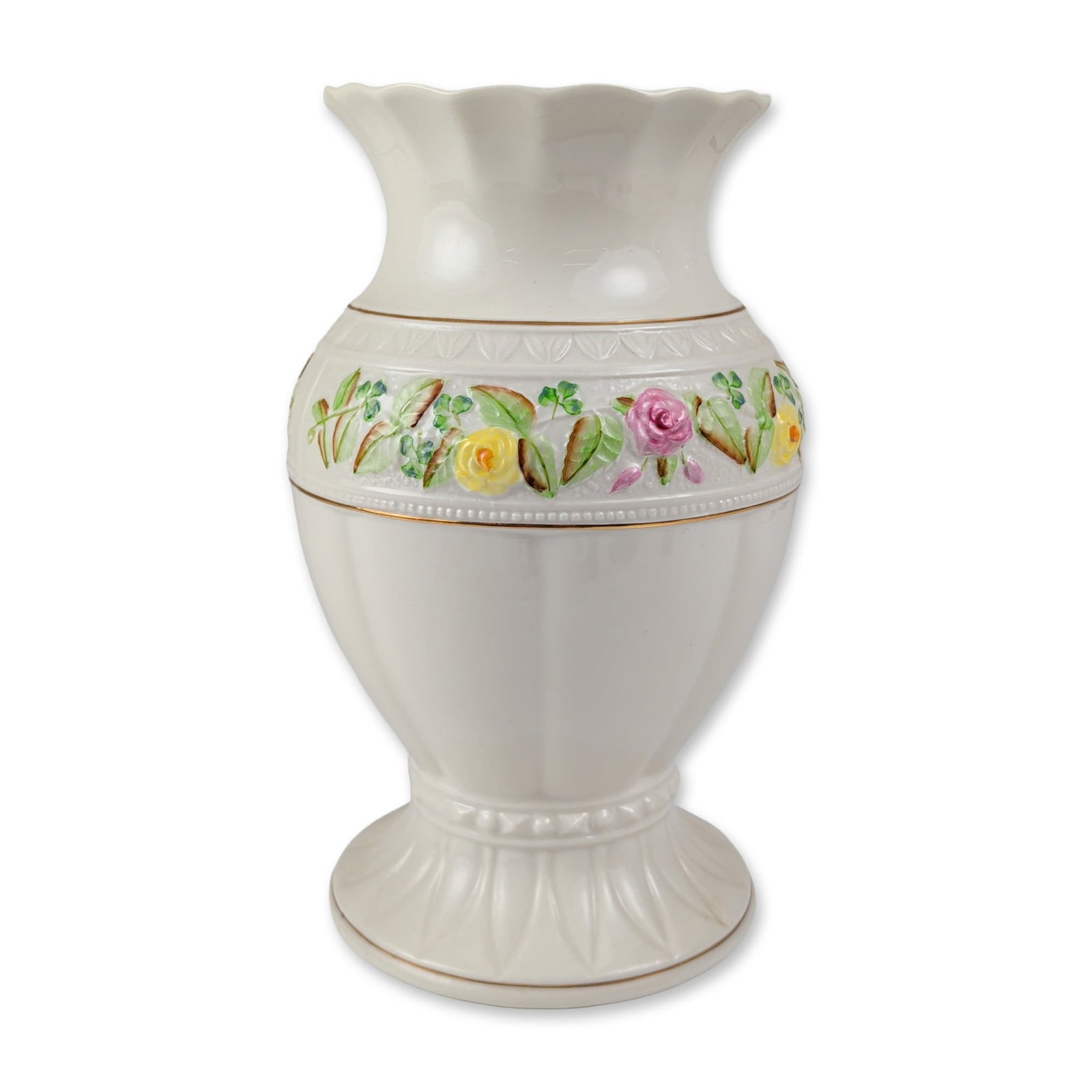 Belleek Classic Rose Collection Parian Pedestal Vase: Belleek Pottery Parian porcelain pedestal vase from the Classic Rose collection, featuring a bulbous body and a flared, ruffled rim. The central band is decorated with hand-applied and hand-painted fl