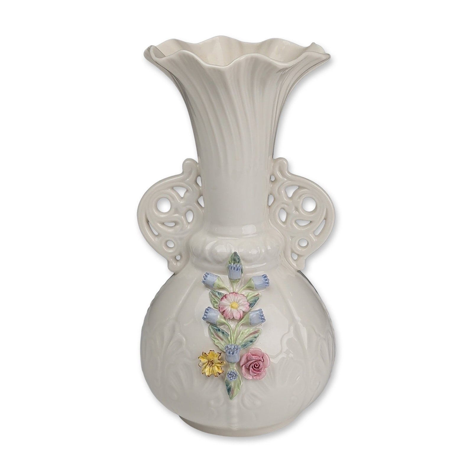 Belleek Ireland Parian Porcelain Rose Princess Vase: Belleek Pottery, Ireland. Rose Princess Vase in fine Parian porcelain, featuring a bulbous lobed body with molded relief designs and vertical beaded lines. The form includes a long ribbed neck leading