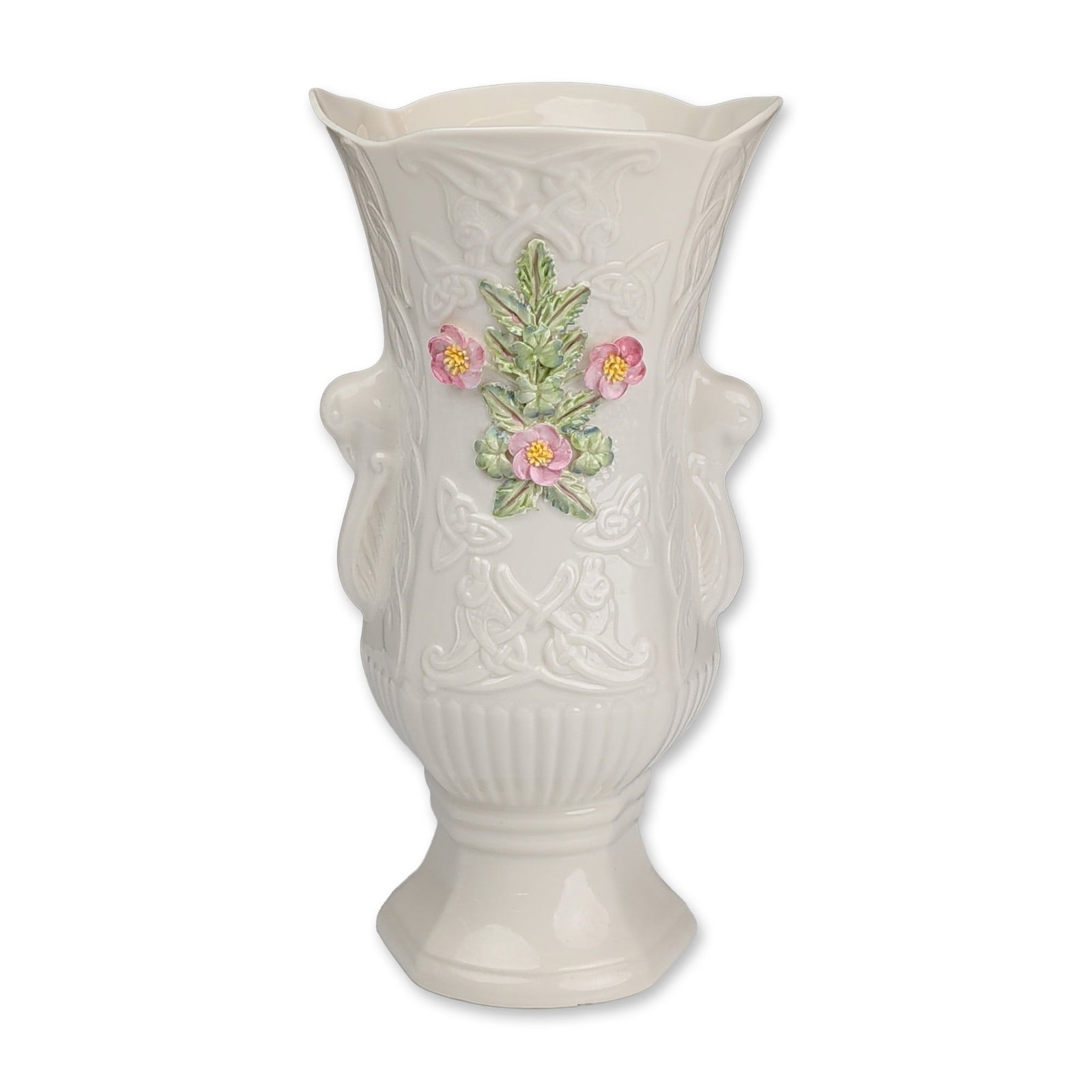 Belleek Irish Parian Porcelain Celtic Rose Vase: Belleek Parian porcelain vase from Ireland, featuring a flared scalloped rim, waisted neck, and fluted lower body on a stepped octagonal pedestal base. The body is decorated with relief-molded Celtic 
