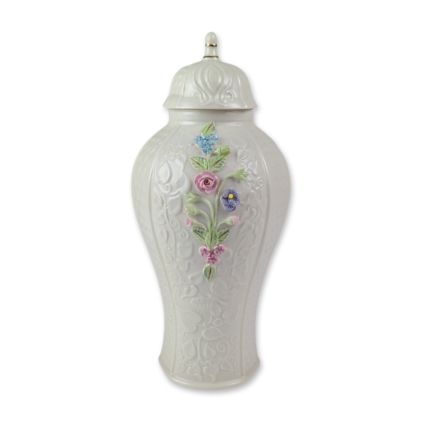 Belleek Millennium Collection Parian Porcelain Covered Vase: Belleek Millennium Collection covered vase in parian porcelain, featuring an embossed phoenix among scrolling foliate and heart motifs with a pearlescent cream-colored luster glaze. The shoulder is de