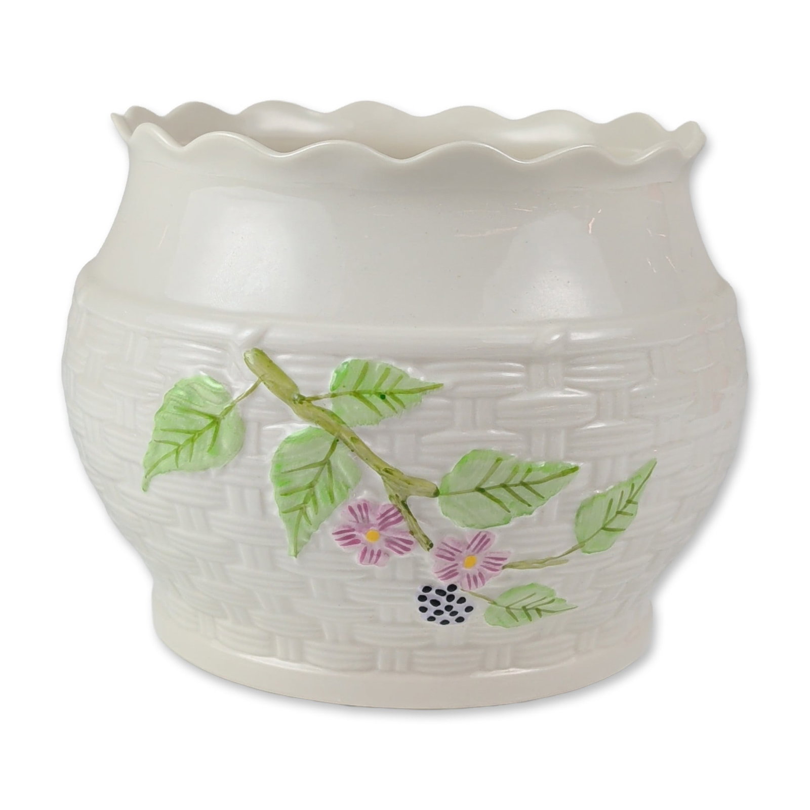 Belleek Summer Briar Parian Porcelain Planter: Belleek, Ireland. Summer Briar pattern planter in parian porcelain, featuring a molded basketweave body and bulbous form with a ruffled rim. The exterior is decorated with an applied relief-molded and