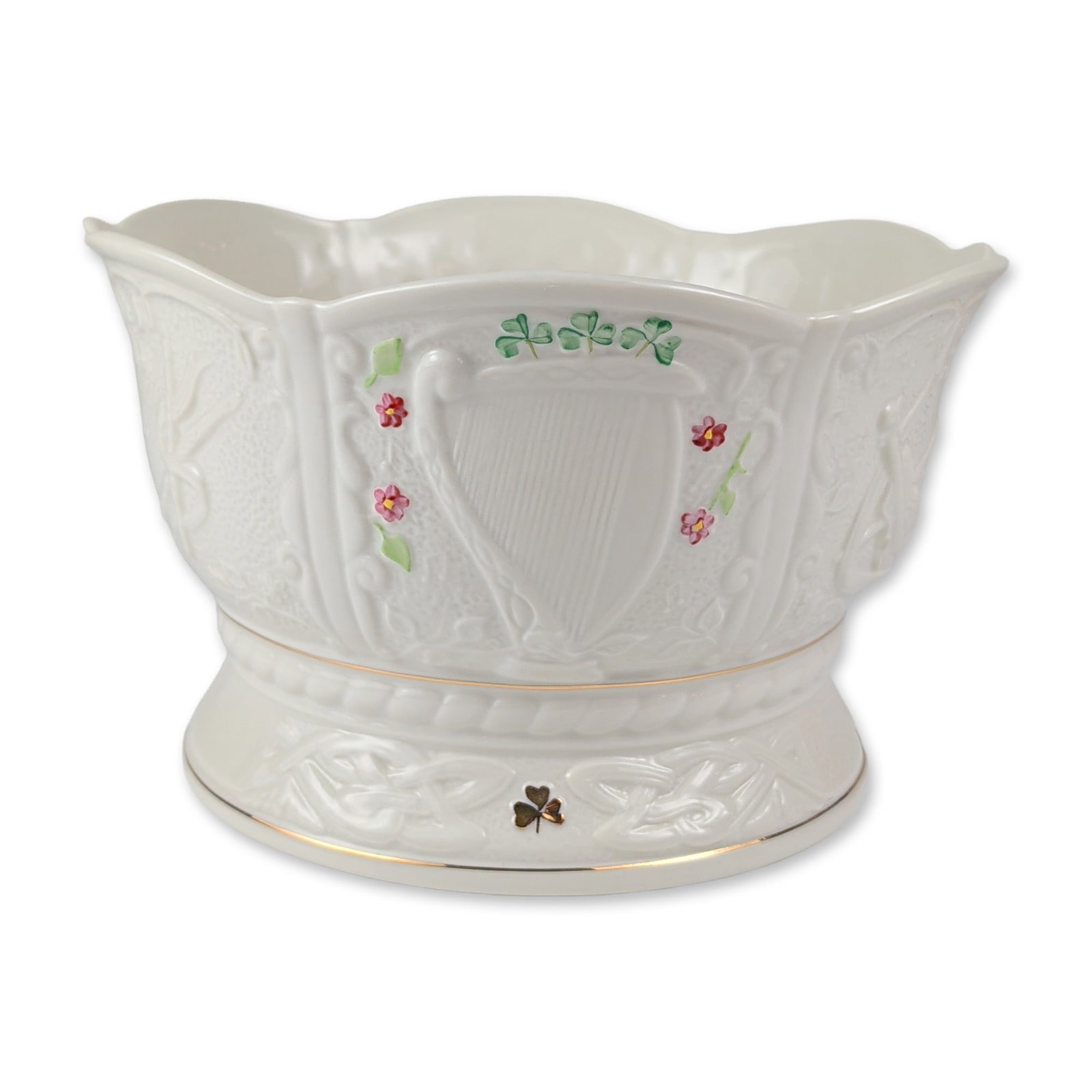 Belleek Ireland Erins Harmony Limited Edition Porcelain Bowl: Belleek, Ireland. Erins Harmony footed bowl in parian porcelain with a lustrous glaze, produced for the Irish Heritage Collection to commemorate the 150th anniversary of the pottery. The flared form f