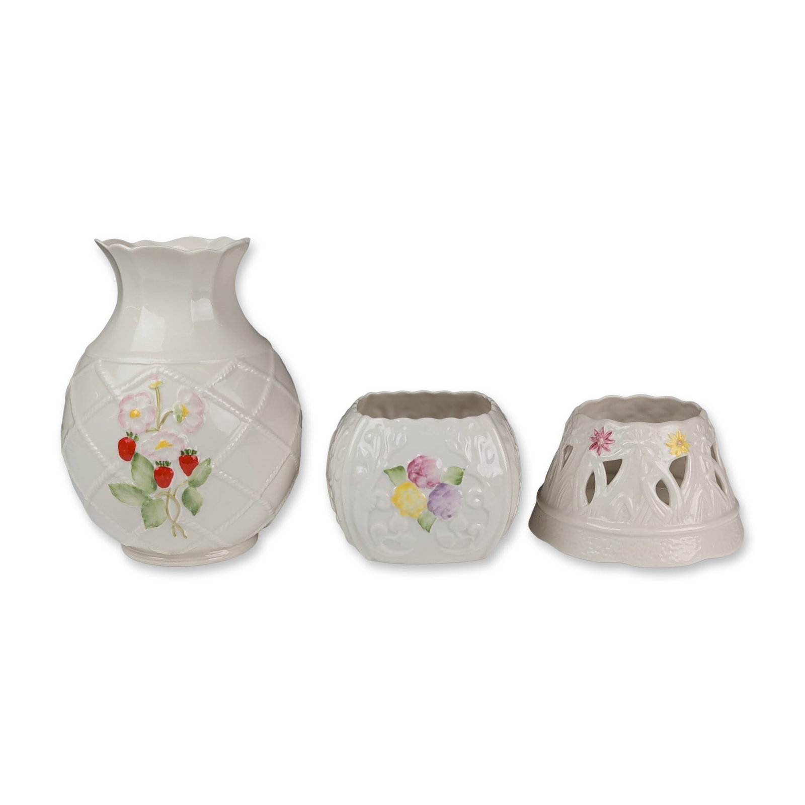 3pc Belleek Ireland Parian Porcelain Decorative Vases and Votive: Belleek Pottery, Ireland. Trio of Parian porcelain decorative items featuring hand-painted botanical motifs and molded details. The group includes a bulbous strawberry basket weave vase with a raised 