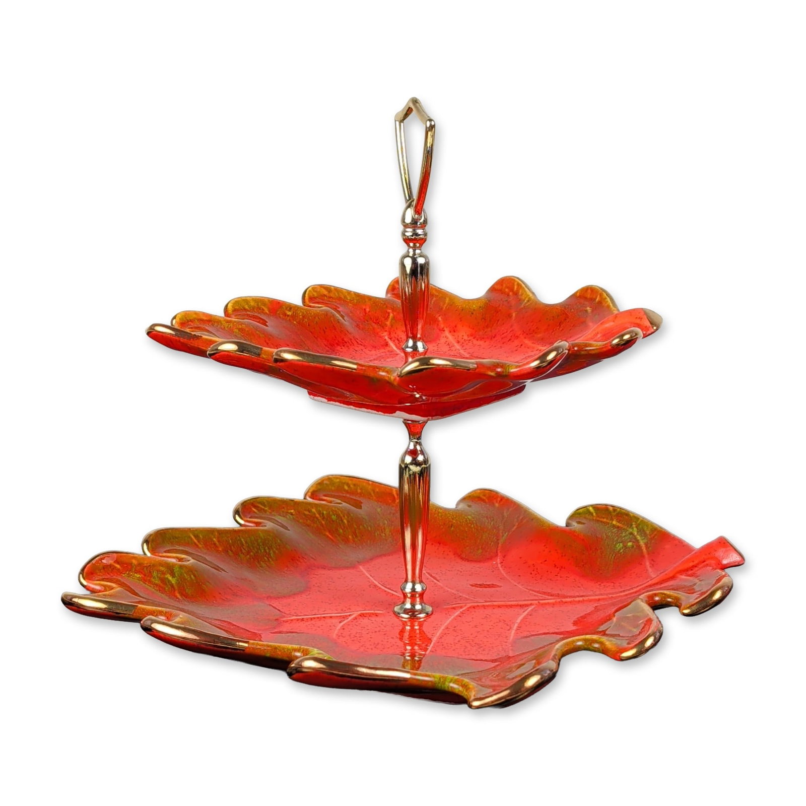 California Pottery Flame Glaze Ceramic Two-Tiered Leaf Server: Mid-century California Pottery two-tiered server in glazed earthenware, featuring two graduated oak leaf-shaped tiers. The plates are finished in a vibrant orange and red flame glaze with green edge a