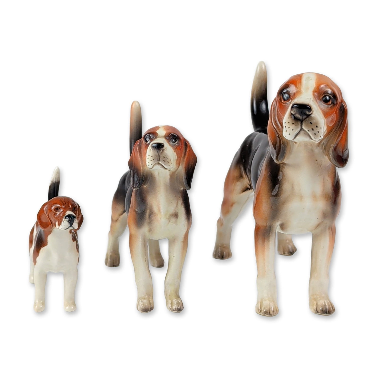 3pc Beswick, Shafford, and Lefton Ceramic Beagle Figurines: Three of graduated standing beagle figurines in gloss and matte glazed ceramic, featuring tricolor markings in black, tan, and white. The smallest figure is modeled as Champion Beagle Wendover Billy a