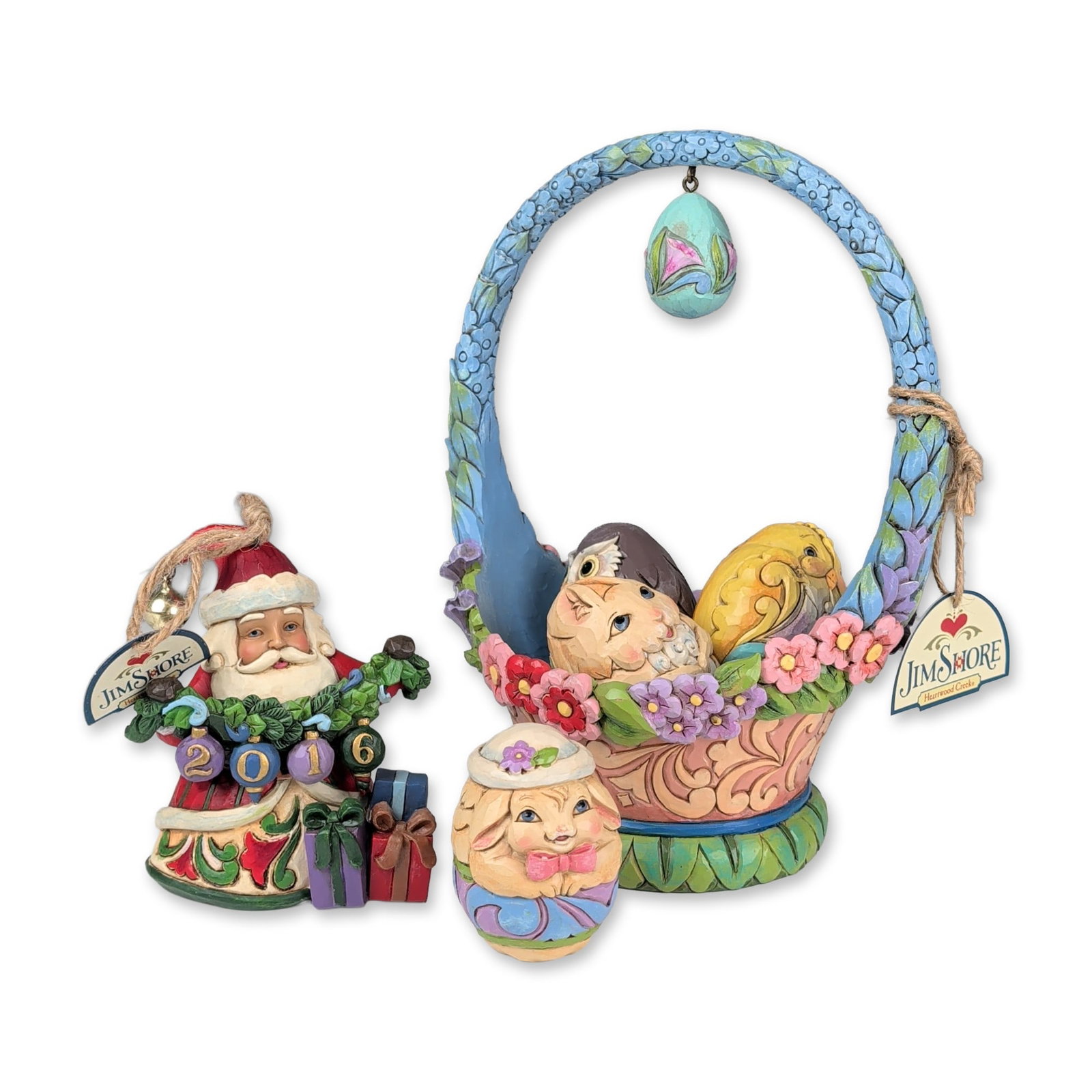 3pc Jim Shore Heartwood Creek Resin Figurines & Ornament- Glorious Things of Spring & Santa: Jim Shore Heartwood Creek by Enesco group of hand-painted stone resin figurines, featuring folk-art motifs and quilt-patterned textures. Includes the Glorious Things of Spring Easter basket set compri