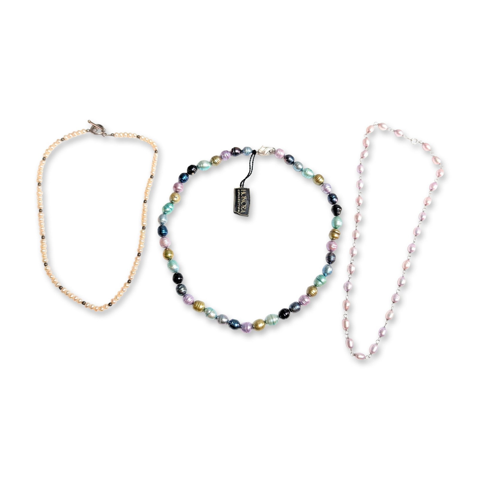 3pc Sterling Silver and Pearl Necklaces: Honora Collection and others. Three necklaces in sterling silver and pearls. The group includes a cream pearl strand with metallic spacers and toggle clasp, a Honora Collection strand of dyed ringed b