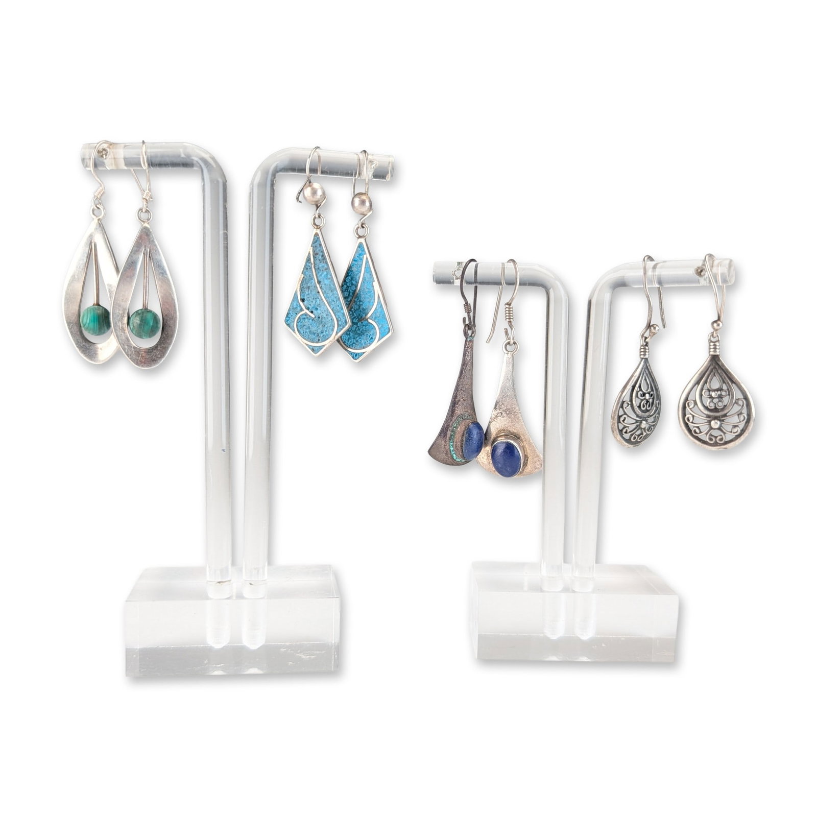4 Pairs of Mexican Sterling Silver and Gemstone Earrings: Sterling silver drop earrings featuring various gemstone accents and decorative metalwork. The collection includes four matched pairs: teardrop frames with suspended malachite beads, triangular panels