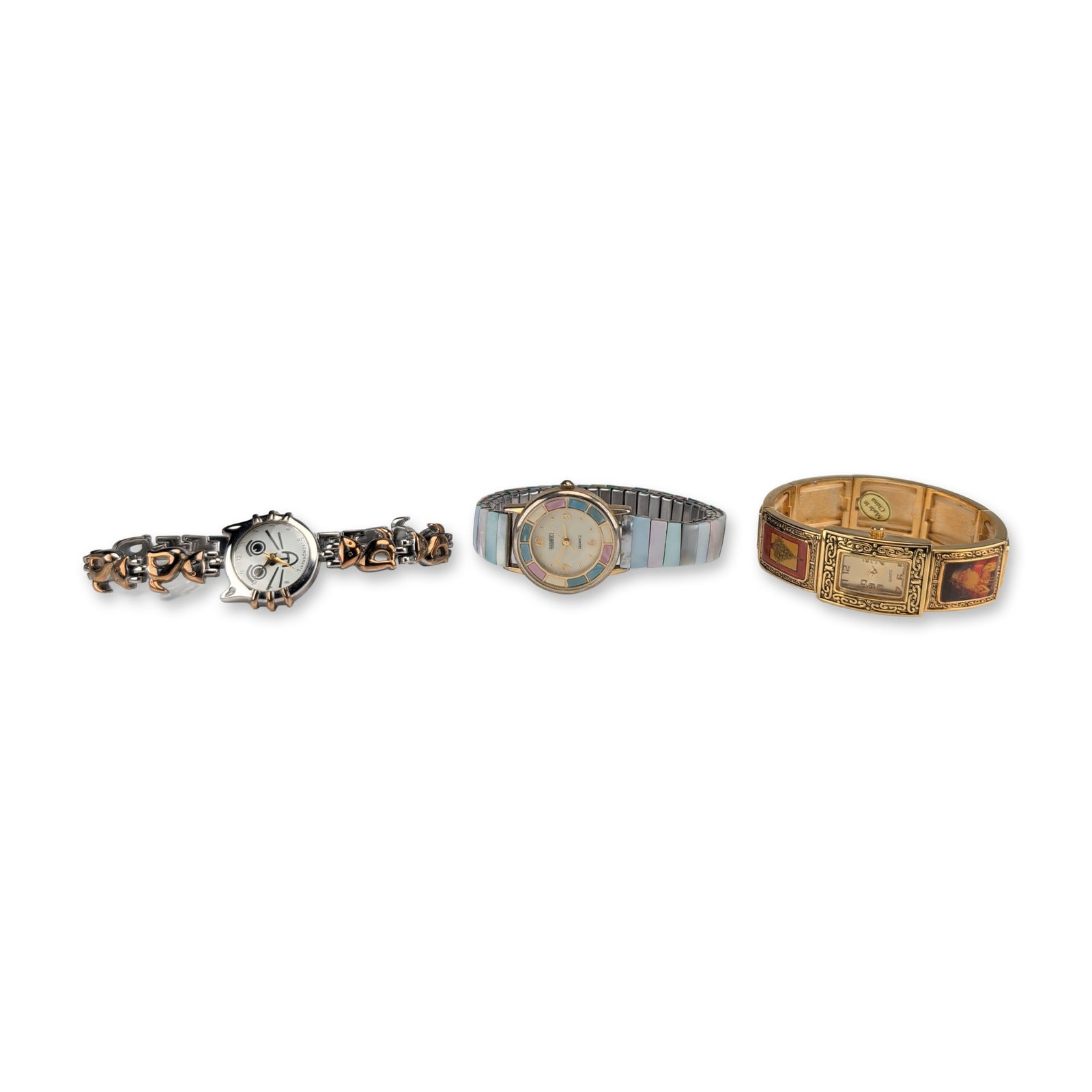 3pc Ladies Fashion Wristwatches: Group of three ladies fashion wristwatches featuring quartz movements. The collection includes a gold-tone bangle watch with a rectangular case and enameled Christmas scenes, stamped Base Metal Bezel 