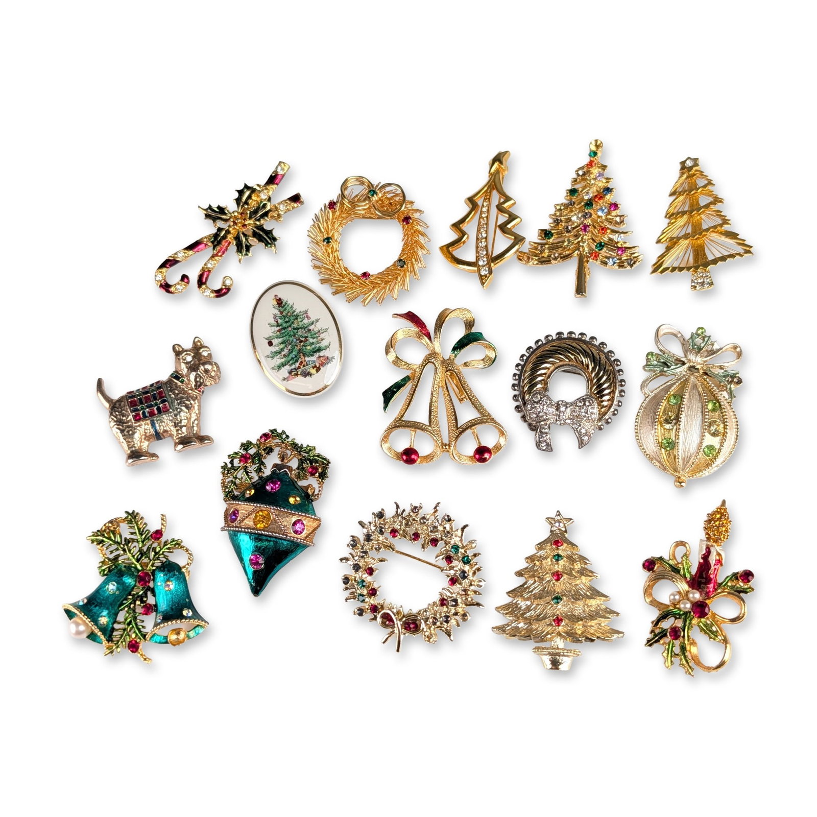 15pc Collection of Vintage Christmas Costume Jewelry Brooches: Mid-to-late 20th century. Collection of costume jewelry brooches featuring various holiday motifs such as Christmas trees, wreaths, bells, and seasonal characters. The group is primarily composed of g