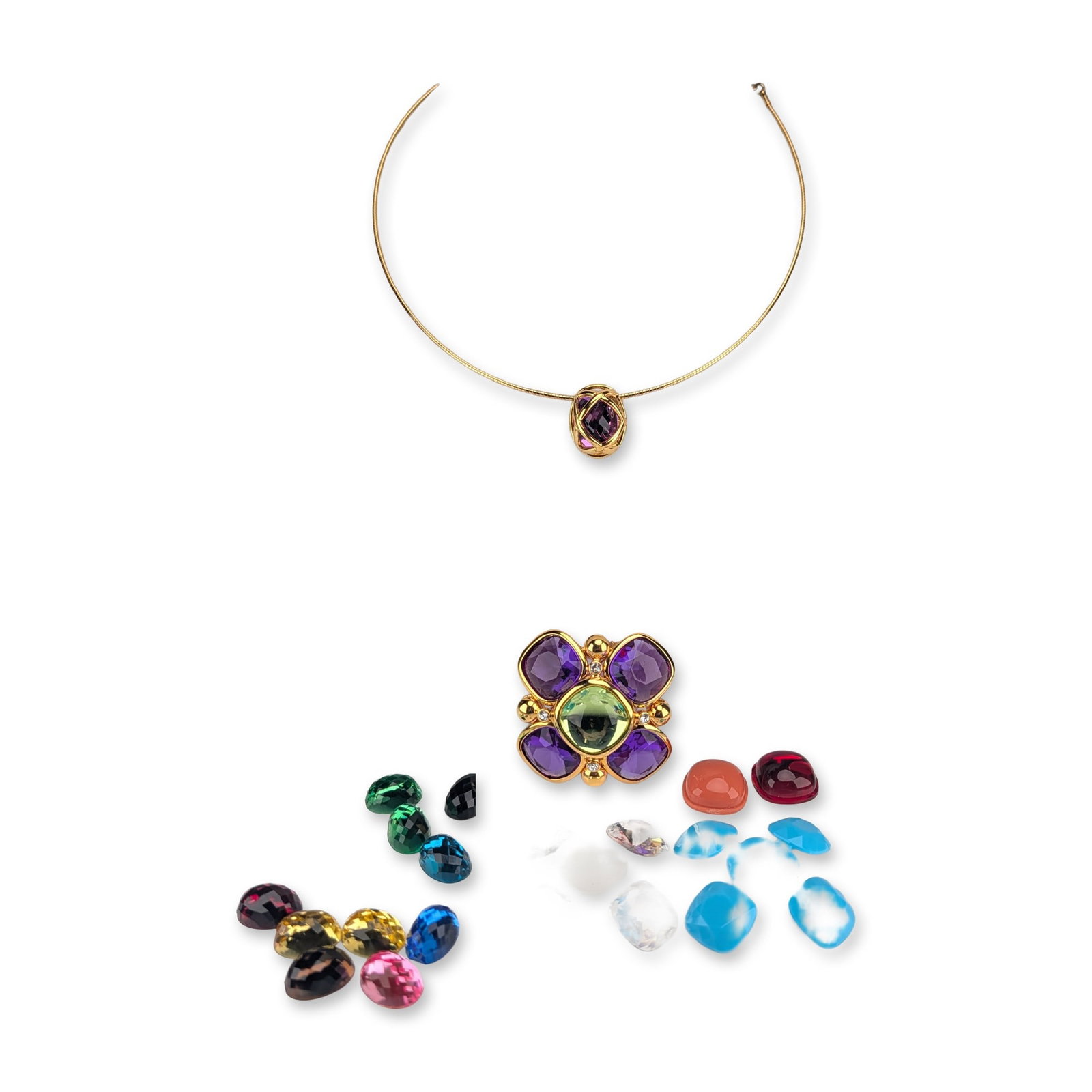 2pc Joan Rivers Classics Collection Interchangeable Jewelry Set: Joan Rivers Classics Collection. Interchangeable jewelry set in gold-plated base metal with glass and resin stones, featuring a gold-toned omega chain necklace with a lobster claw clasp and a oval cag