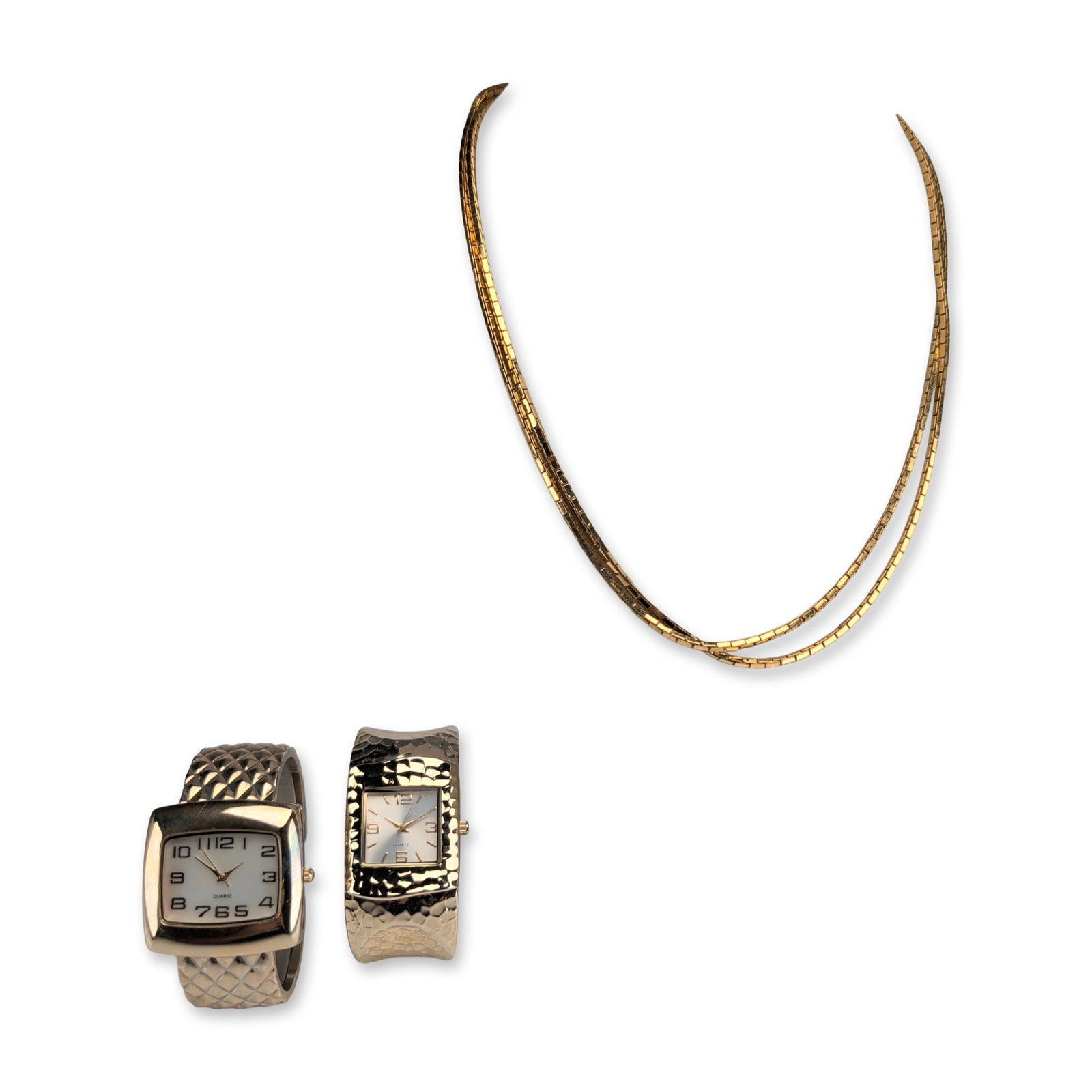 3pc Gold-Tone Cuff Watches and Necklace: Trio of fashion accessories in yellow gold-tone metal, including two cuff-style wristwatches and a necklace. One watch features a white dial with gold-tone Arabic numerals and an integrated quilted te