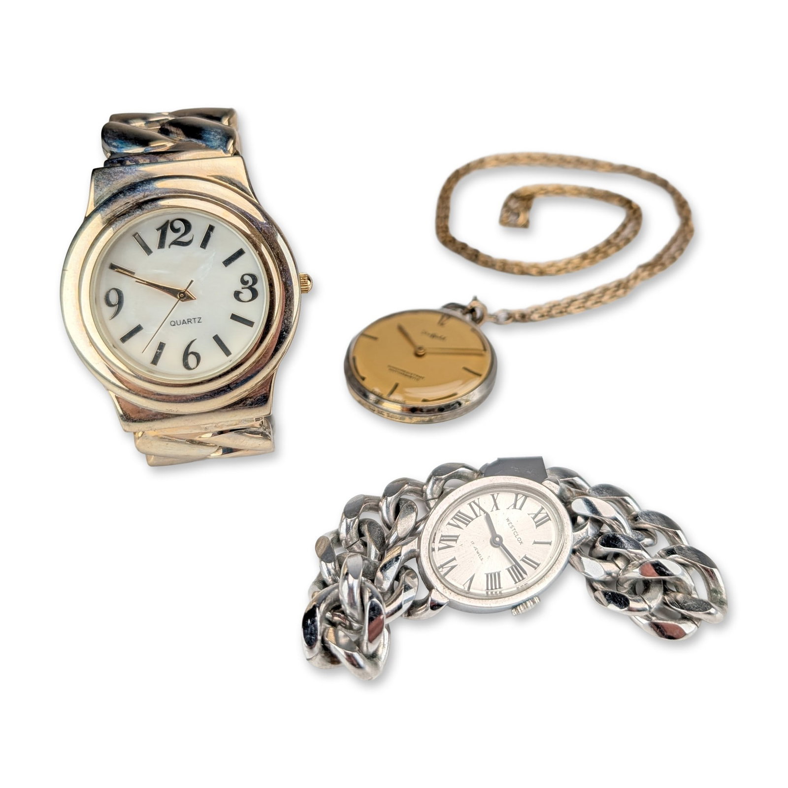 3pc Sheffield and Westclox Vintage Timepieces: Assortment of three timepieces including an unbranded fashion bangle wristwatch, a Westclox ladies bracelet watch, and a Sheffield floral pendant watch. The bangle watch features a gold-tone base meta