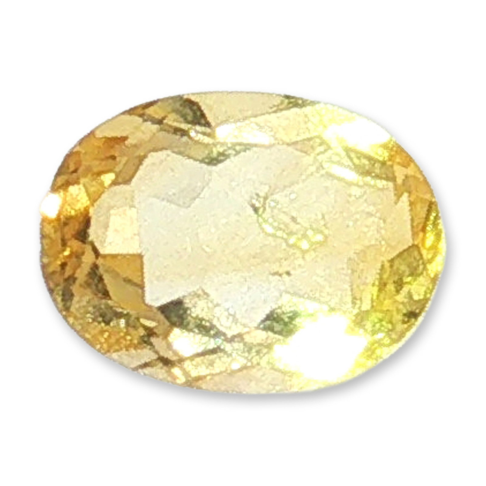 Oval Cut Loose Citrine Gemstone: Loose faceted gemstone, appears to be citrine, featuring a classic oval mixed cut and golden-yellow hue. The stone is transparent with minor internal veining visible under magnification. Facet edges a