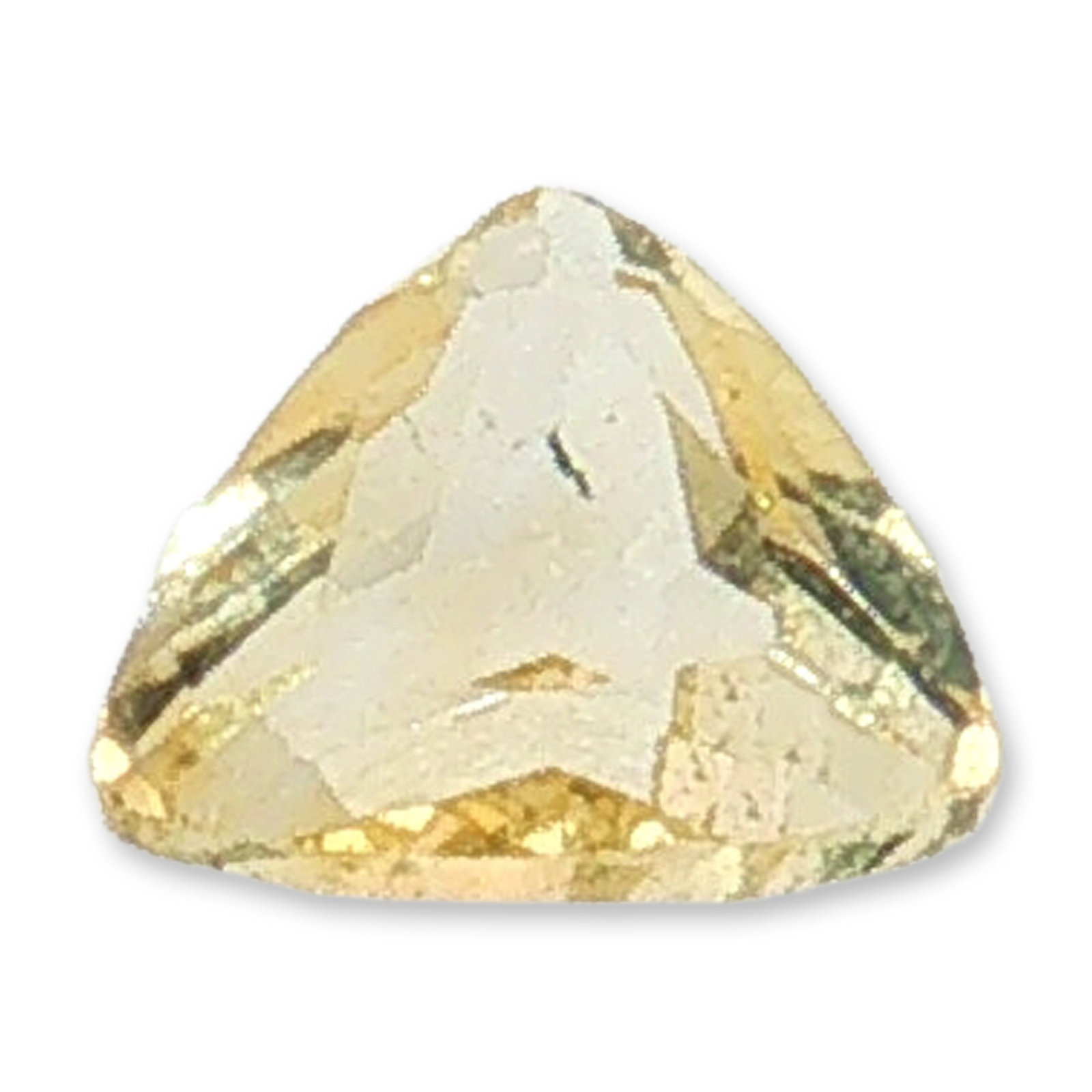 Trillion Cut Citrine Loose Gemstone: Faceted gemstone, appears to be citrine, featuring a trillion cut and light golden-yellow hue. The triangular shape provides a geometric appearance suitable for custom jewelry applications. Accompanie
