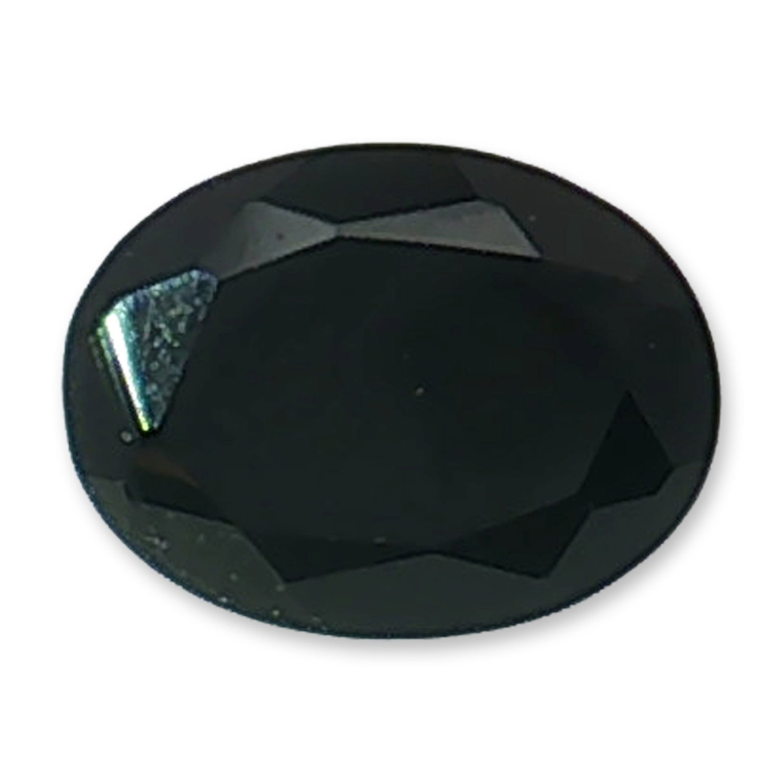 Faceted Oval Black Iolite Gemstone: Loose gemstone appearing to be black iolite, fashioned into a classic oval faceted cut. The stone exhibits a deep, uniform opaque black hue and is worked with a pointed pavilion and sharp facet juncti