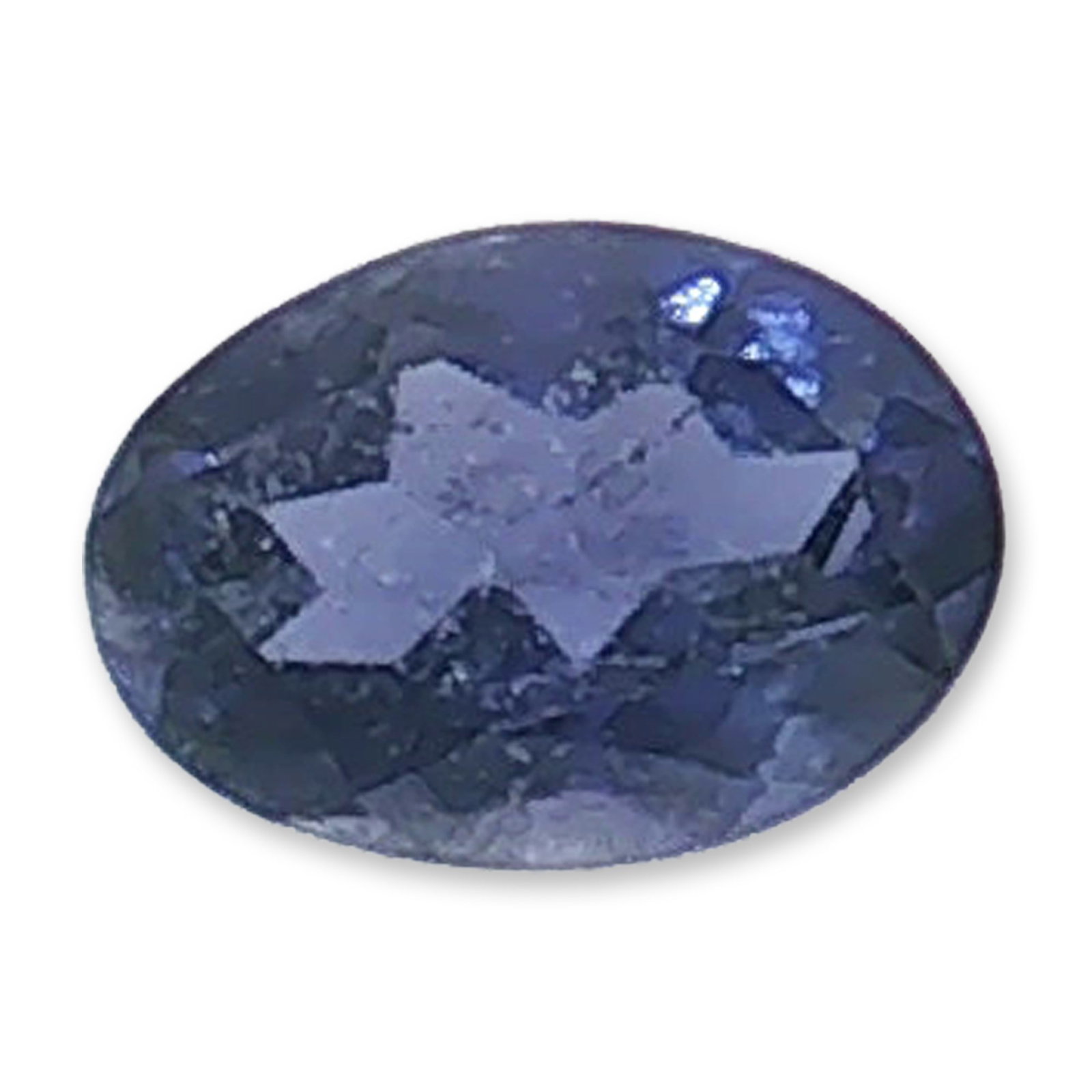 Oval Cut Iolite Loose Gemstone 0.9ct: Oval faceted gemstone appearing to be iolite, featuring a deep blue-violet hue with characteristic pleochroic color shifts visible when viewed from different angles. The stone is presented in a mixed 