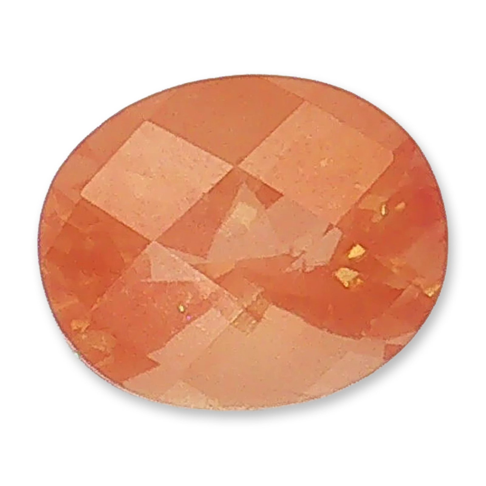 Oval Cut Peach Iolite Gemstone: A loose faceted gemstone of a peach-orange hue, featuring an oval cut with a checkerboard faceted crown. The unmounted gemstone, identified as iolite, appears to exhibit characteristic internal reflec