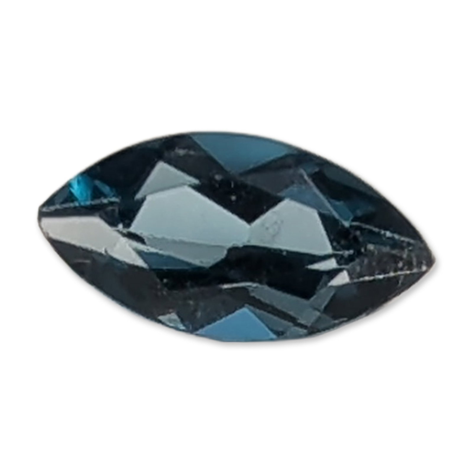 Marquise Cut London Blue Topaz: Loose faceted topaz gemstone in a marquise cut, saturated blue hue with characteristic teal undertones. The stone features a faceted crown and pavilion with sharp junctions and intact points. Visual i