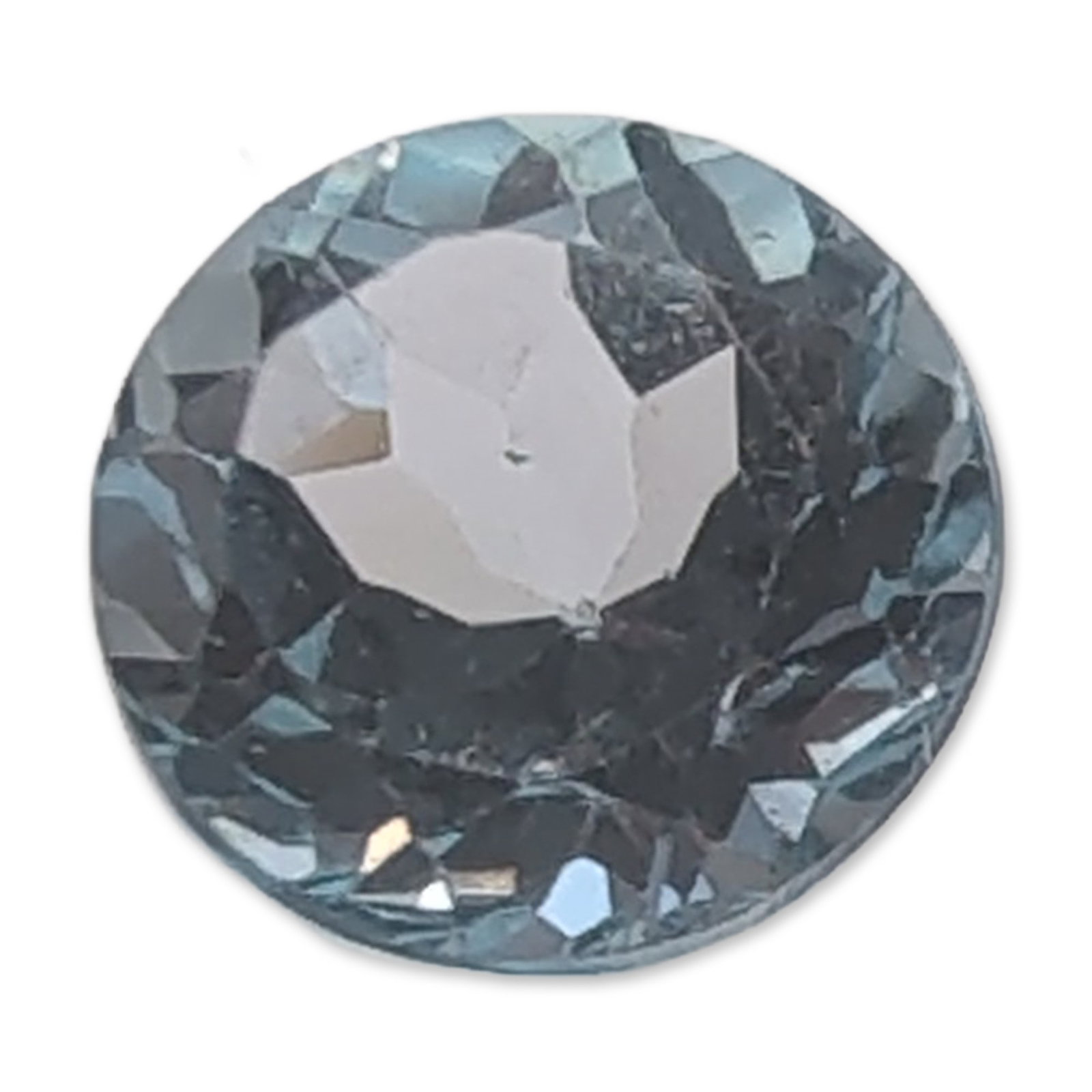 Round Brilliant Cut Light Blue Topaz Gemstone: Faceted round brilliant cut Topaz gemstone in a pale blue hue. The stone exhibits high clarity with no inclusions visible to the naked eye. 1.9 carats7.0 mm diameter. Dimensions: 7.0mm