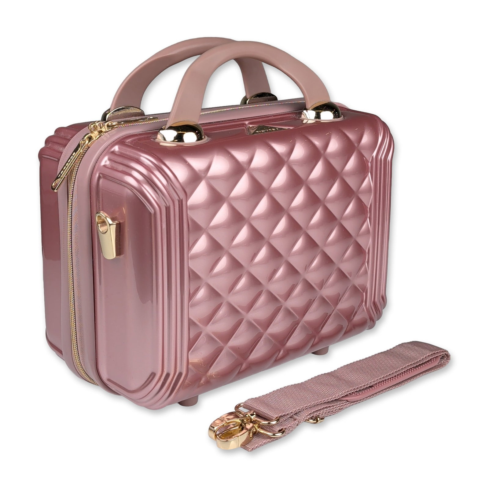 Triforce Metallic Rose Gold Quilted Vanity Case: Triforce hard-shell vanity case in metallic rose gold polycarbonate with diamond-quilted front panel. Features dual top carry handles, a detachable woven shoulder strap with gold-tone hardware, and fo
