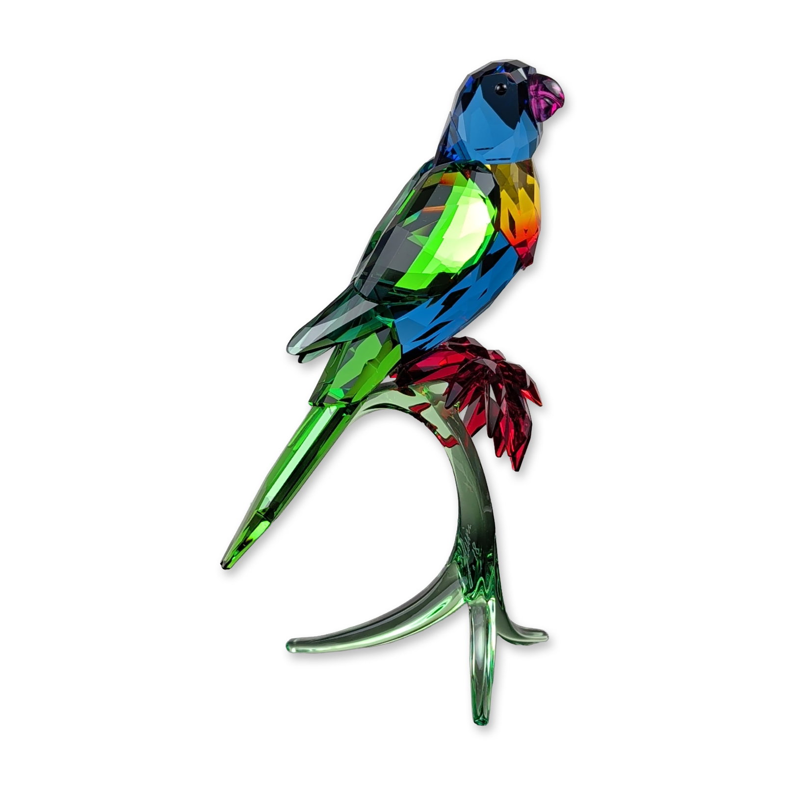 Swarovski Crystal Paradise Bird Figurine, Rainbow Lorikeet: Swarovski crystal figurine of a Rainbow Lorikeet, produced as part of the Paradise series, designed by Heinz Tabertshofer. The piece is constructed from multi-colored faceted lead crystal, featuring a