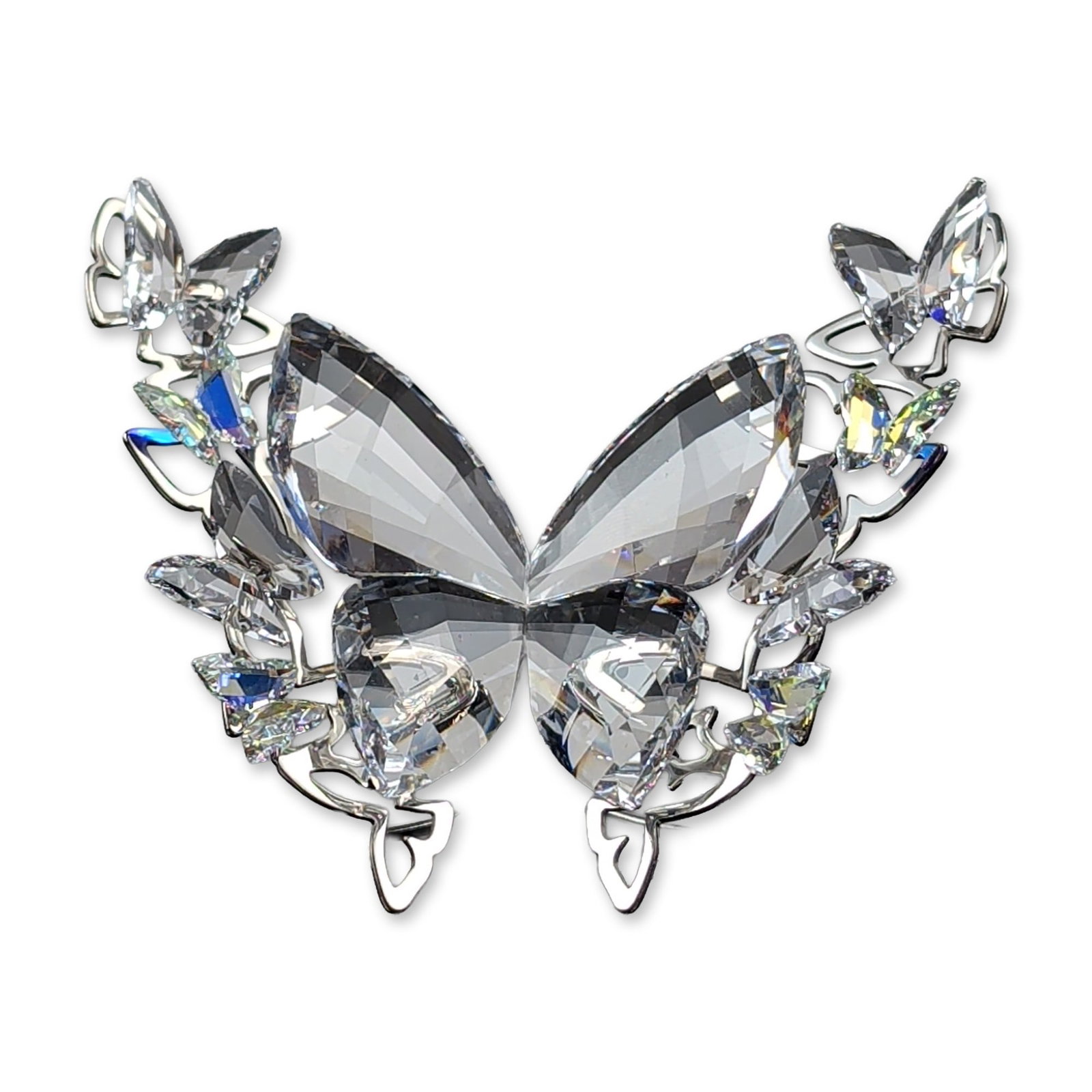 Swarovski Brilliant Butterfly Aurore Boreale Figurine: Swarovski. Brilliant Butterfly figurine in clear multi-faceted crystal and polished silver-tone metal, featuring Aurore Boreale (AB) accents. The design features a central butterfly with large wings s