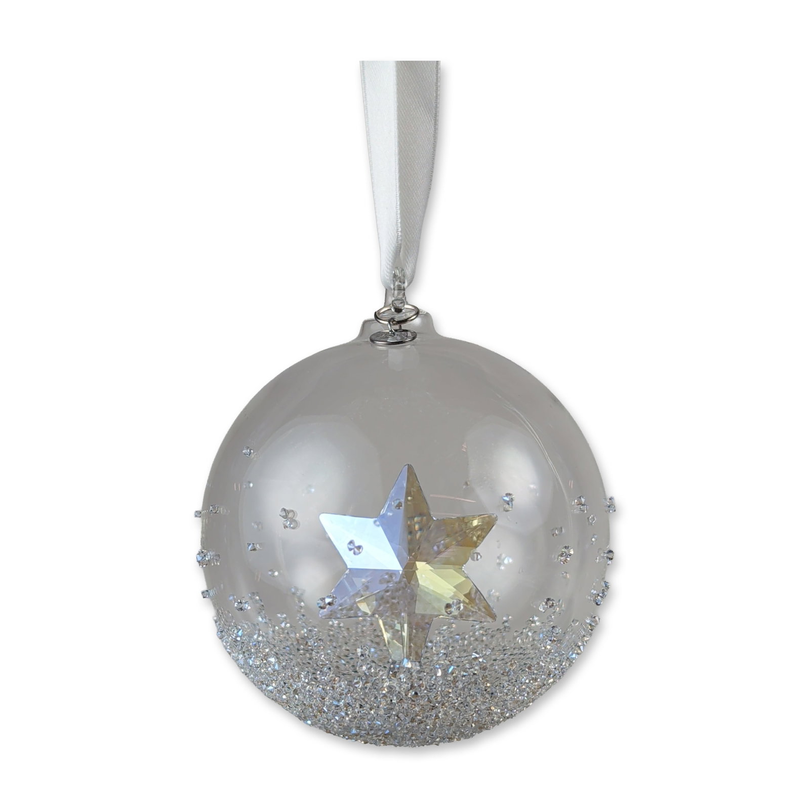 Swarovski 2014 Annual Edition Crystal Ball Ornament: Swarovski. Annual Edition 2014 Christmas ball ornament in mouth-blown glass, featuring a faceted crystal star with an Aurora Borealis finish suspended in the center. The exterior is decorated with app