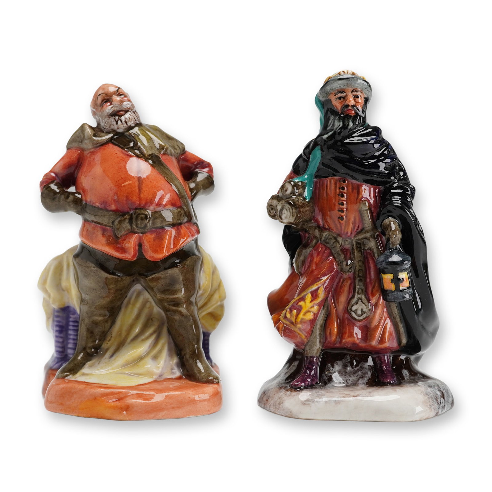 2 Royal Doulton Mini Figurines Falstaff HN3236 & Good King Wenceslas HN3262: The Falstaff figurine, model HN 3236, was designed by Cecil J. Noke and features a 1949 copyright mark. The character is depicted in a seated pose wearing a red tunic and brown breeches. The Good King
