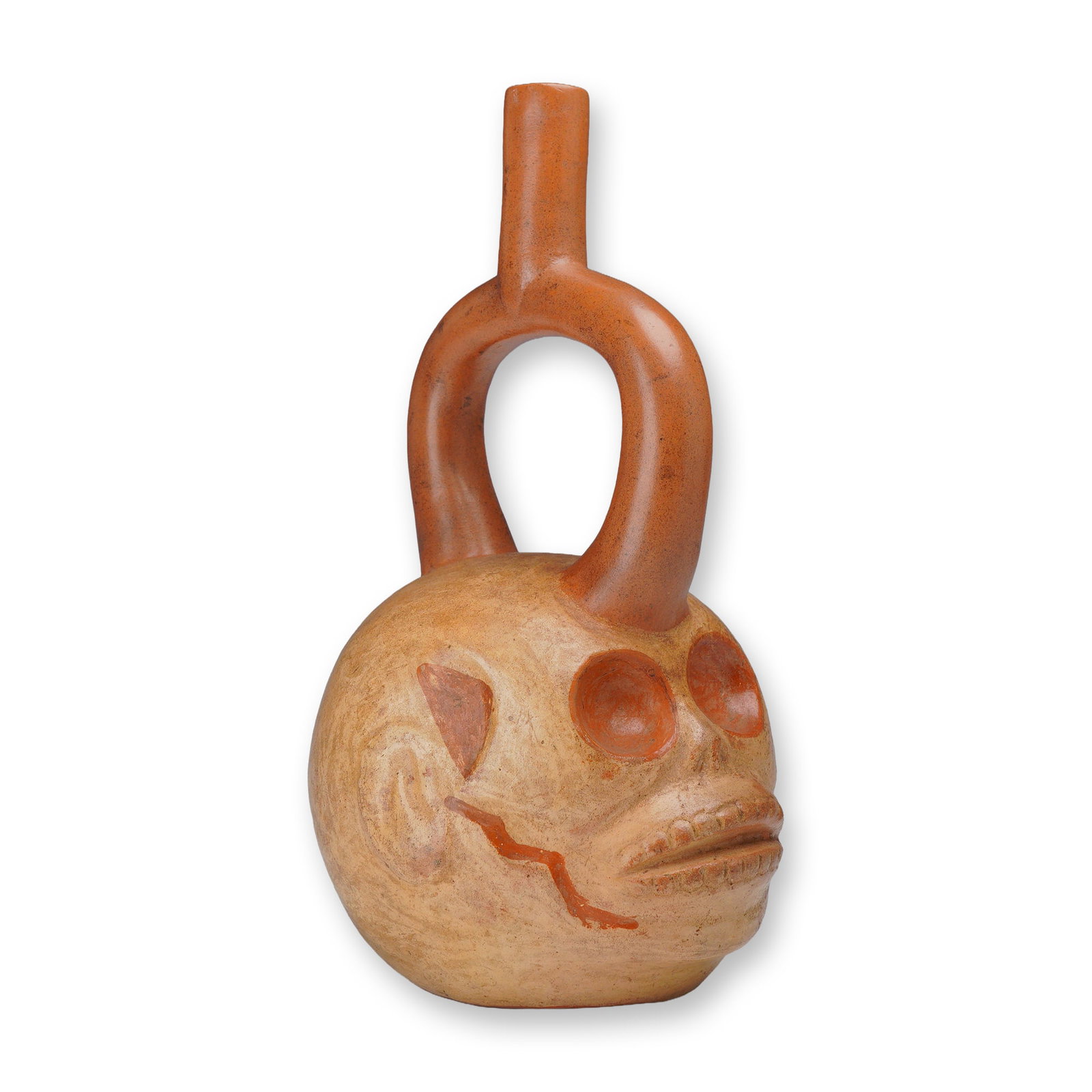 Moche Ceramic Stirrup Spout Vessel in the Form of a Skull (1 of 4)