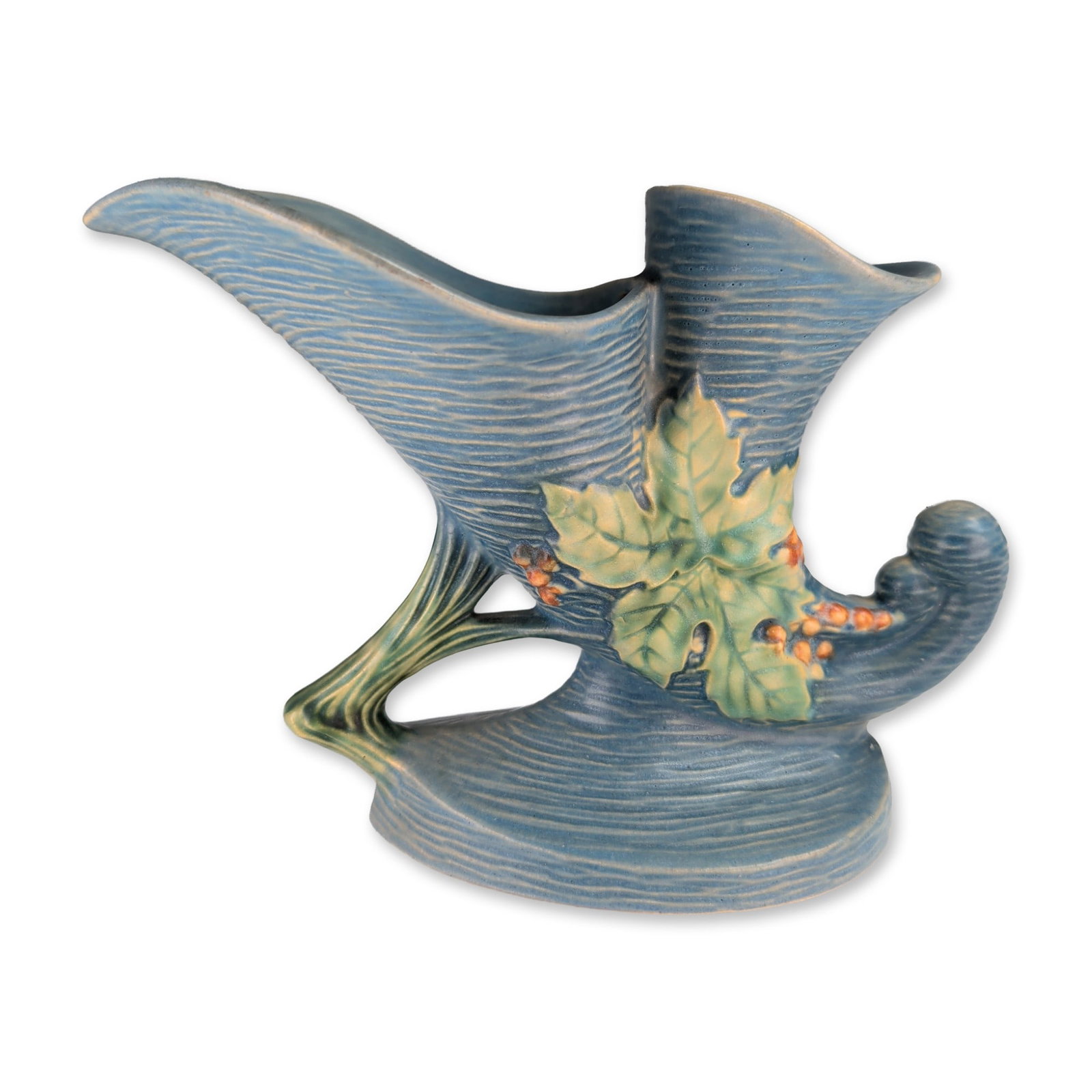 Roseville Blue Bushberry Double Cornucopia Vase: Roseville Pottery vintage art pottery double cornucopia vase in the Bushberry pattern. The earthenware body features a shaded matte blue glaze with horizontal ribbing, decorated with relief-molded gre
