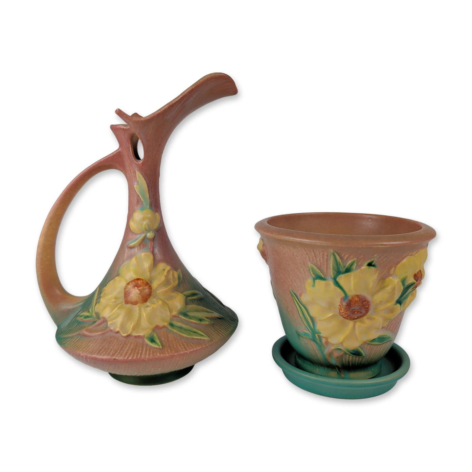 3pc Roseville Peony Pottery Pitcher and Flower Pot with Saucer: Two Roseville Pottery pieces of earthenware in the Peony pattern, including a pitcher and a flower pot with a separate coordinating saucer. Each piece features relief-molded yellow sunflowers with tex