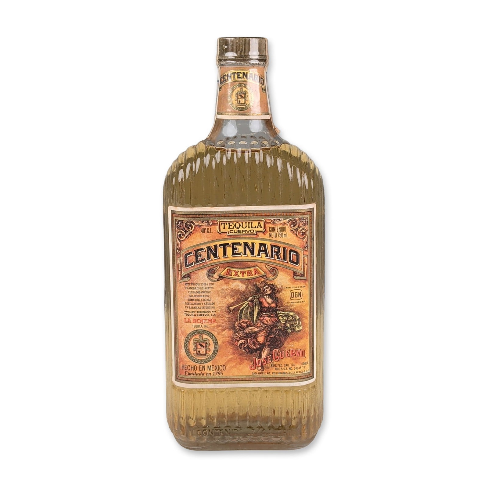 Jose Cuervo Centenario Extra Tequila 750ml Bottle: Jose Cuervo Centenario Extra tequila, produced at the La Rojena distillery in Tequila, Jalisco, Mexico. The 750ml glass bottle features vertical ribbing and embossed Cuervo lettering to the side, cont