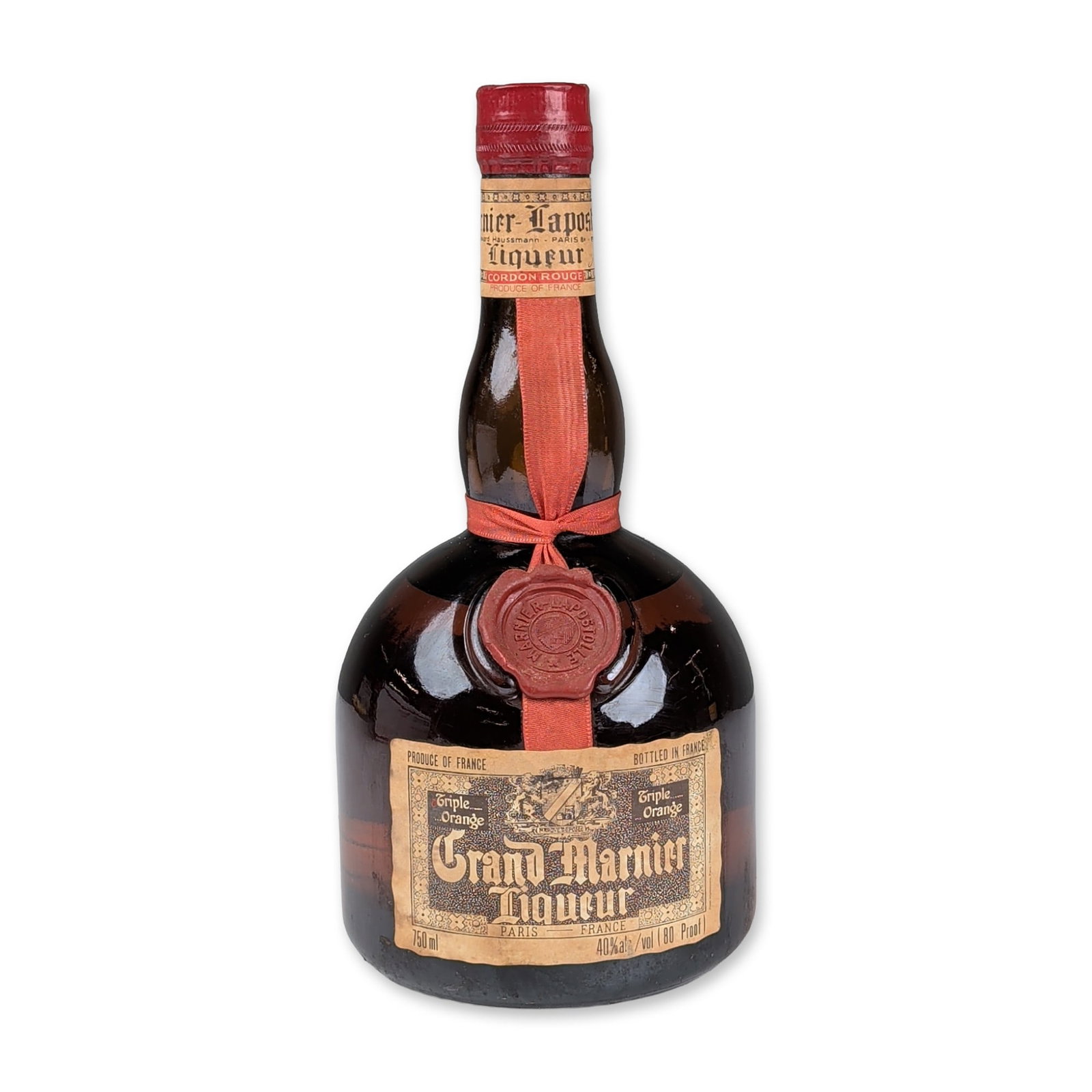 Grand Marnier Liqueur Cordon Rouge 750ml: Grand Marnier Cordon Rouge Triple Orange liqueur, produced in France by Marnier-Lapostolle. This 750ml bottle is composed of orange and cognac brandy, bottled at 80 proof (40 percent alcohol by volume