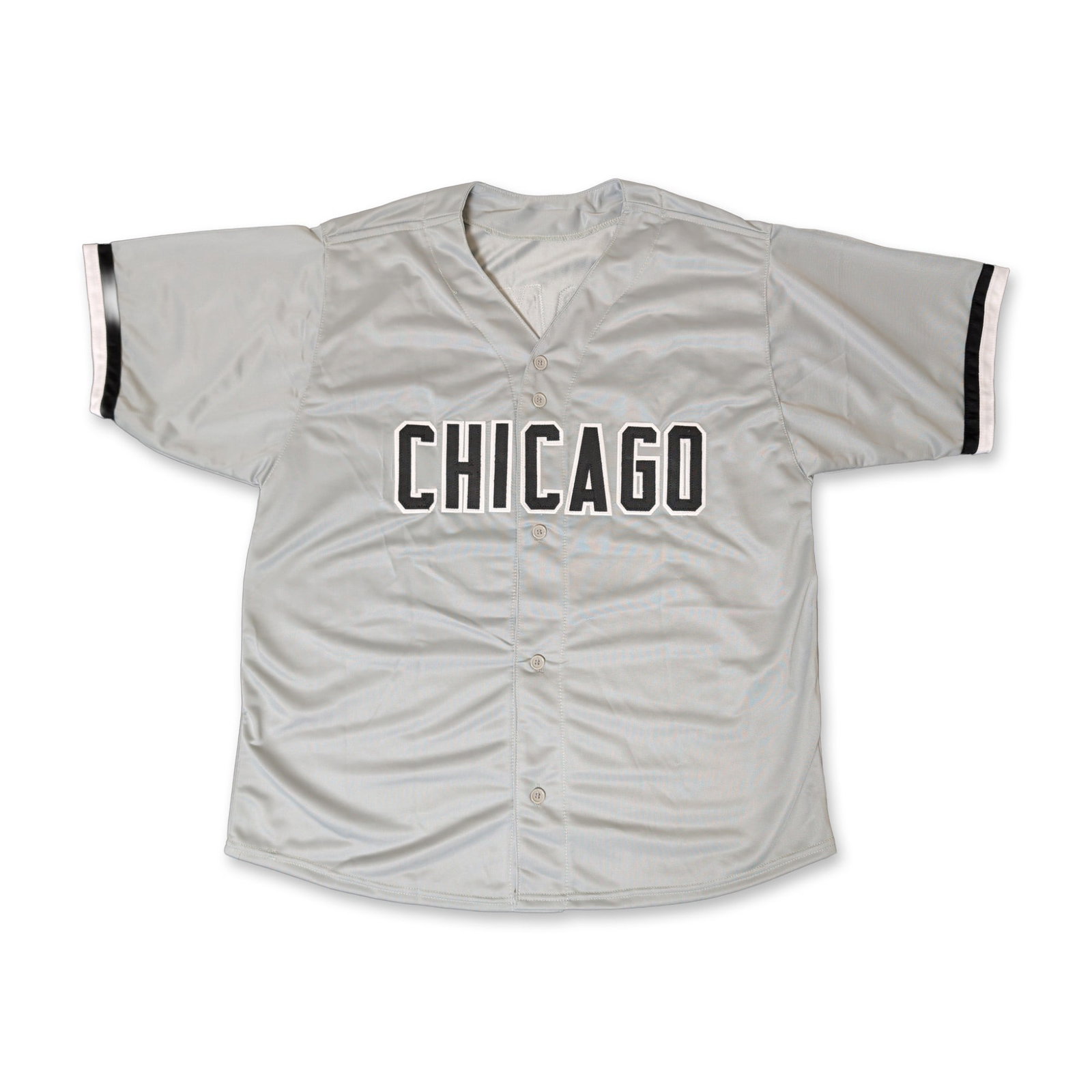 Frank Thomas Signed Chicago White Sox Jersey: Custom replica Chicago White Sox road baseball jersey in gray synthetic fabric. The five-button front features black tackle-twill lettering with white borders spelling CHICAGO, and the reverse include