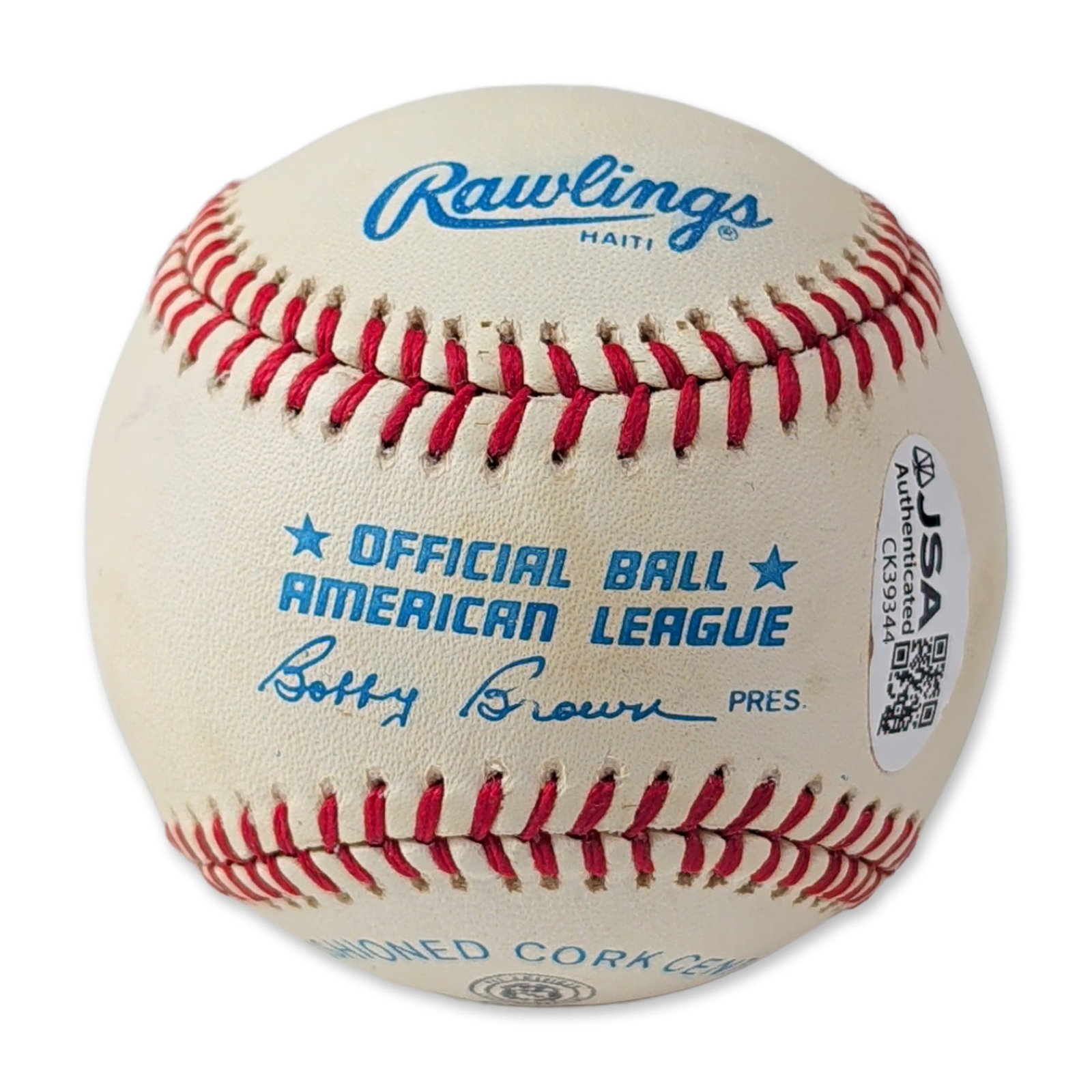 Gaylord Perry Signed American League Rawlings Baseball: Rawlings Official American League (OAL) baseball hand-signed by Gaylord Perry on the sweet spot. The signature is executed in blue ink above the printed league stamps. The ball features the Rawlings l