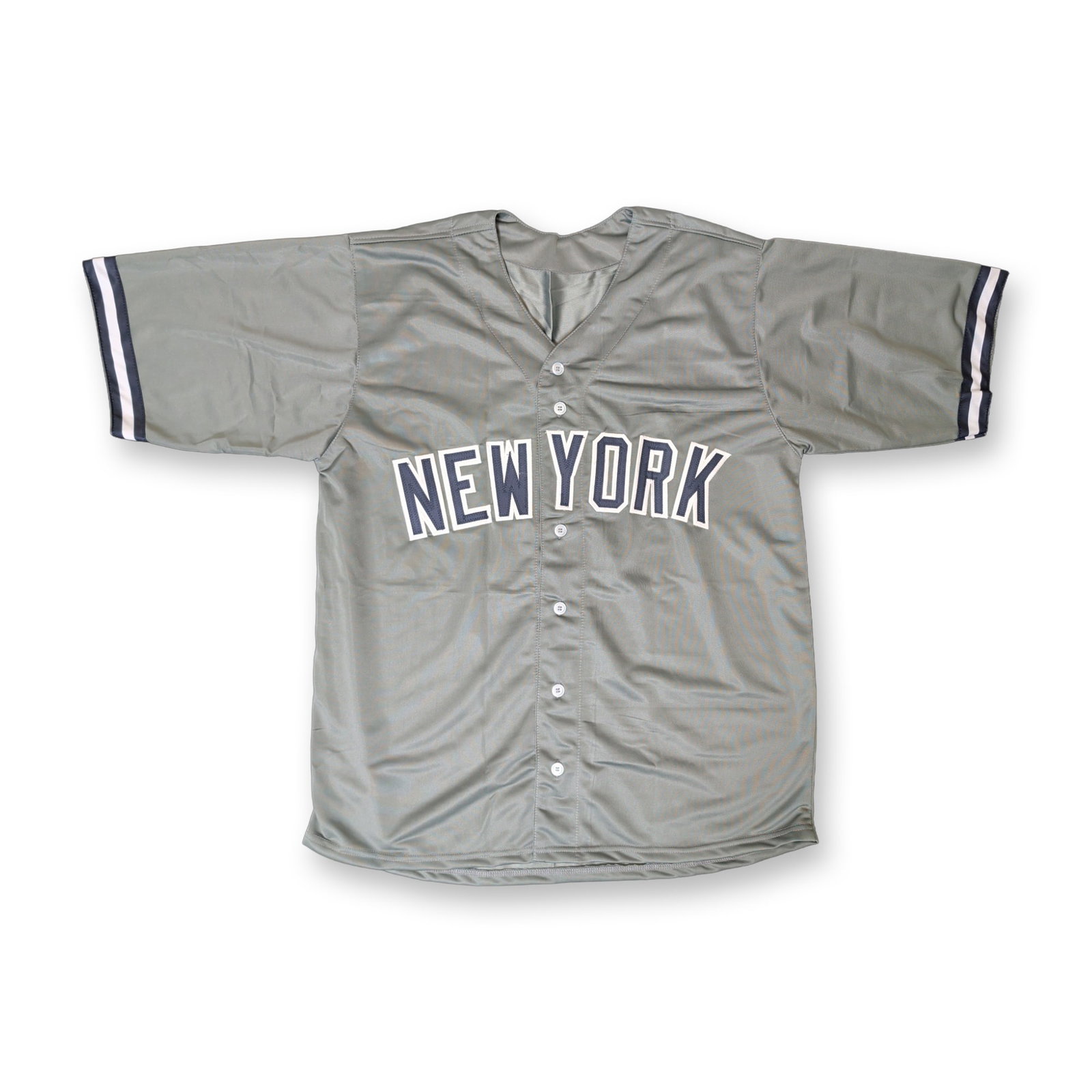 Bobby Richardson Signed Custom New York Jersey: Signed New York Yankees style road gray baseball jersey in synthetic fabric. The front features New York in navy blue and white tackle twill block lettering. The reverse displays the number 1 in navy 