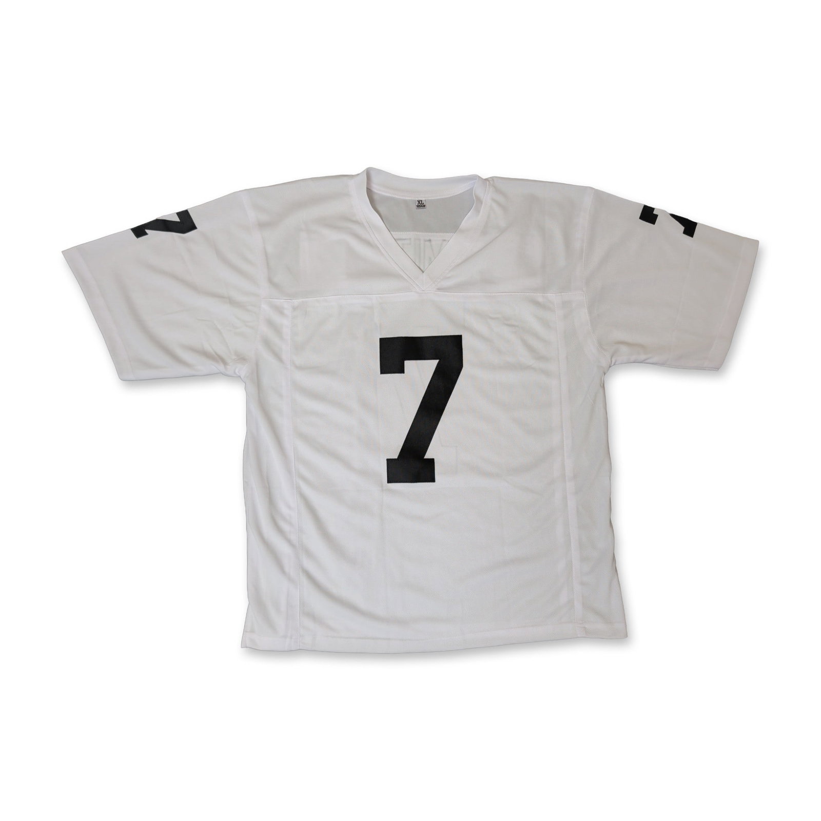 Geno Smith Signed Custom Raiders White Football Jersey: Custom football jersey in white mesh with black accents, featuring the signature of NFL quarterback Geno Smith. The autograph is rendered in silver metallic marker on the reverse number 7. Jersey feat