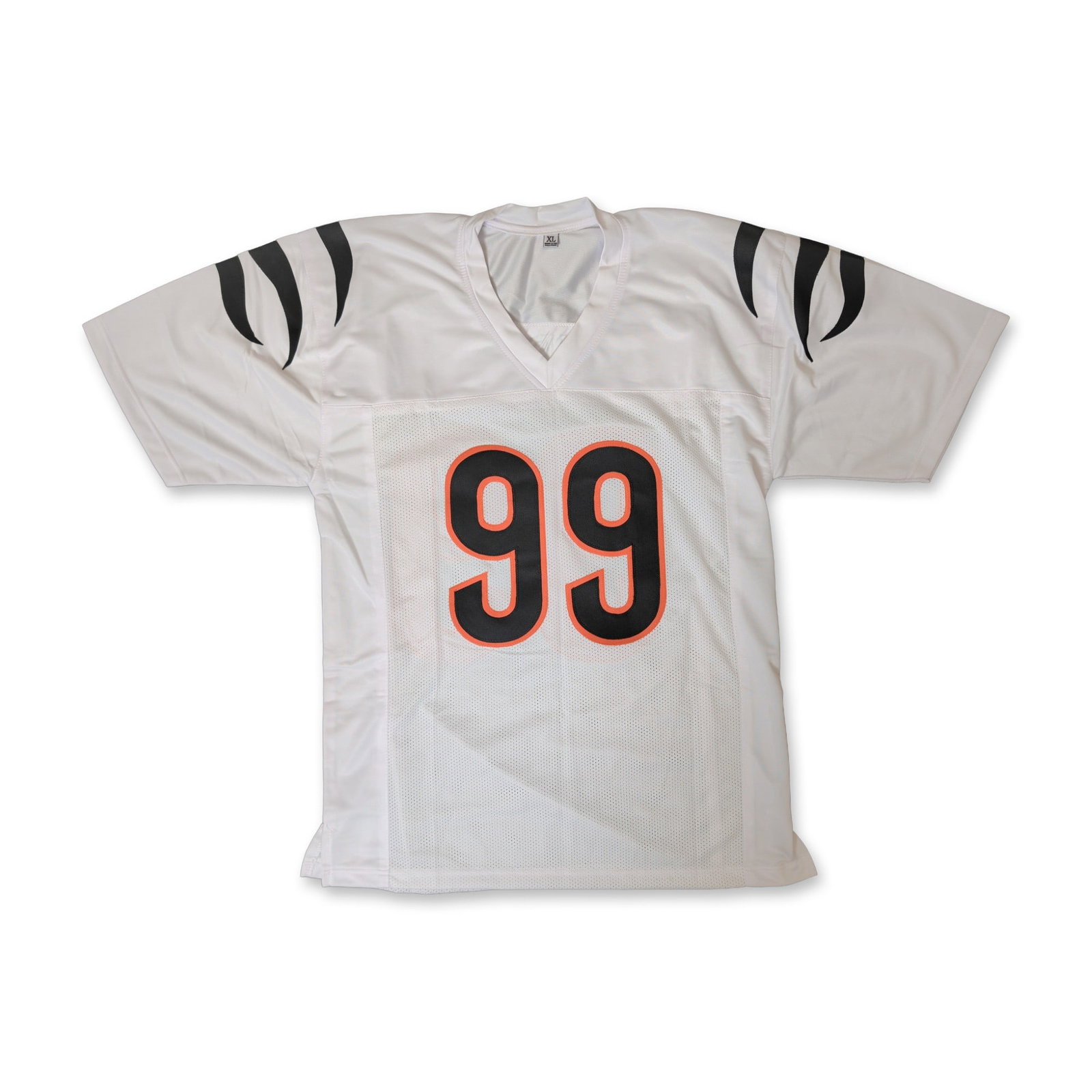 Myles Murphy Signed Custom Cincinnati Bengals Jersey: Custom pro-style Cincinnati Bengals jersey in white synthetic mesh and solid fabric, featuring black and orange block number 99 on the front and reverse. The shoulders and sleeves are decorated with b