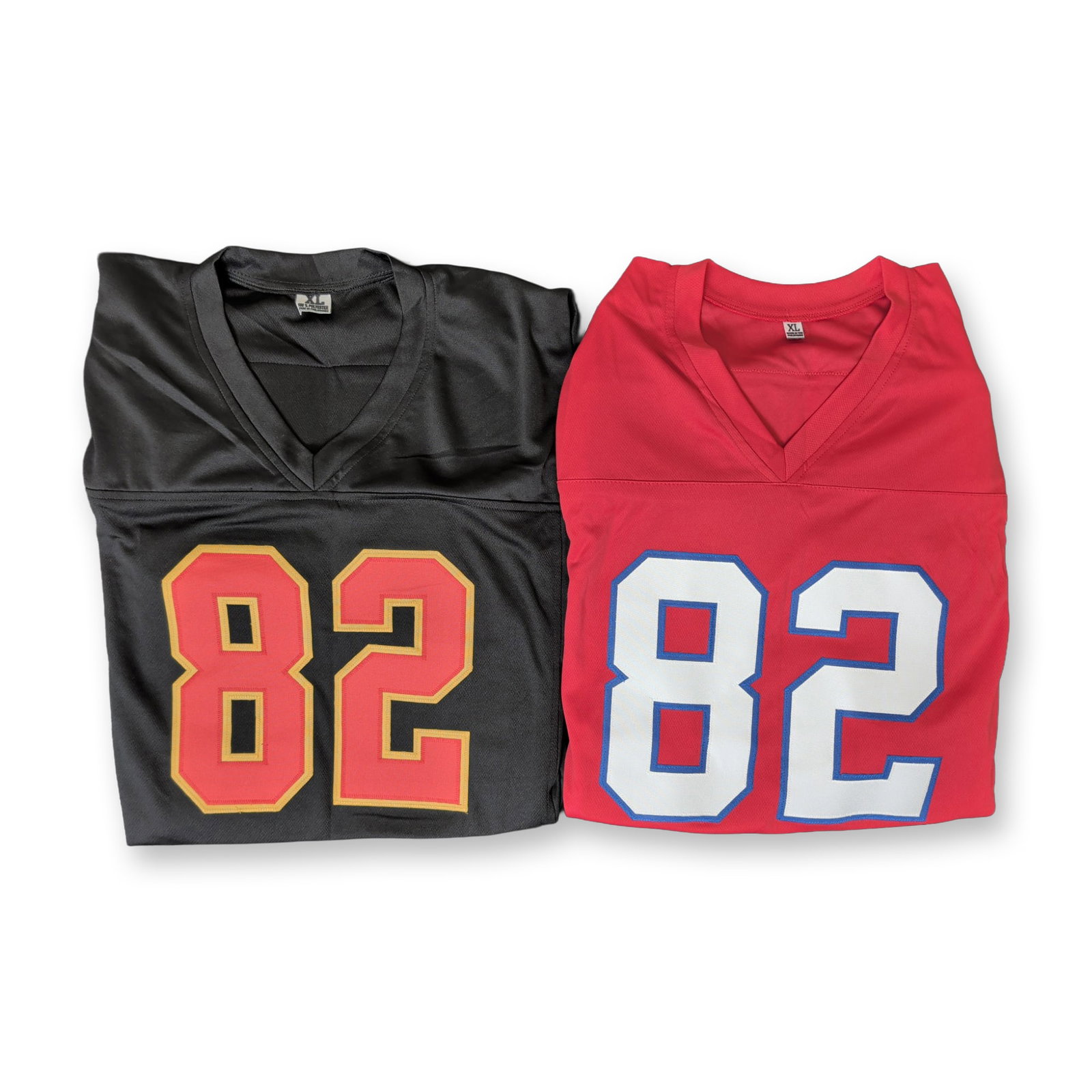 2pc Signed Dwayne Bowe and Don Beebe Custom Football Jerseys: Two custom football jerseys autographed by NFL wide receivers Dwayne Bowe and Don Beebe. Both garments are size XL and constructed from polyester mesh with tackle-twill numbers and nameplates. The fir